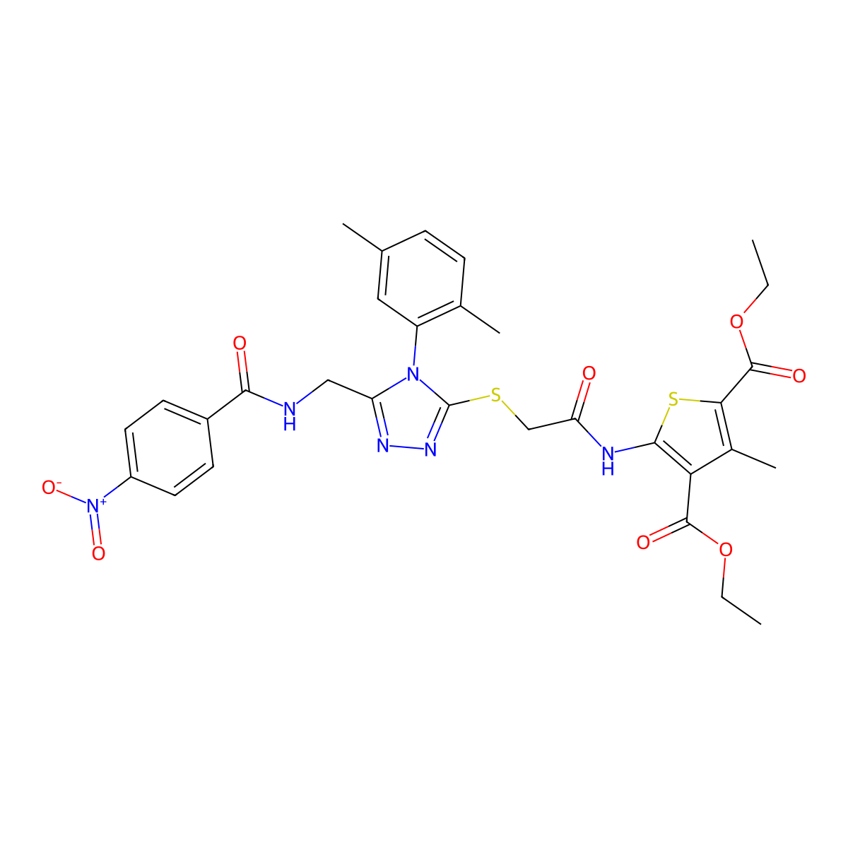 diethyl 5-(2-((4-(2,5-dimethylphenyl)-5-((4-nitrobenzamido)methyl)-4H-1,2,4-triazol-3-yl)thio)acetamido)-3-methylthiophene-2,4-dicarboxylate molecular structure, CAS 393849-40-6