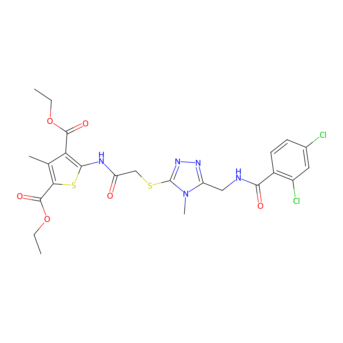 diethyl 5-(2-((5-((2,4-dichlorobenzamido)methyl)-4-methyl-4H-1,2,4-triazol-3-yl)thio)acetamido)-3-methylthiophene-2,4-dicarboxylate molecular structure, CAS 393849-47-3