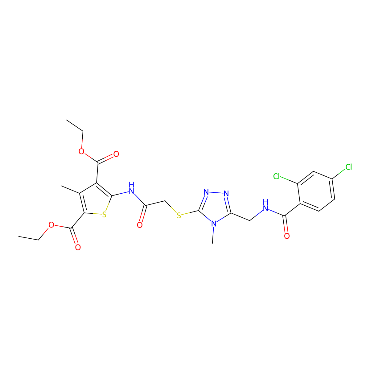 diethyl 5-(2-((5-((2,4-dichlorobenzamido)methyl)-4-methyl-4H-1,2,4-triazol-3-yl)thio)acetamido)-3-methylthiophene-2,4-dicarboxylate molecular structure, CAS 393849-47-3