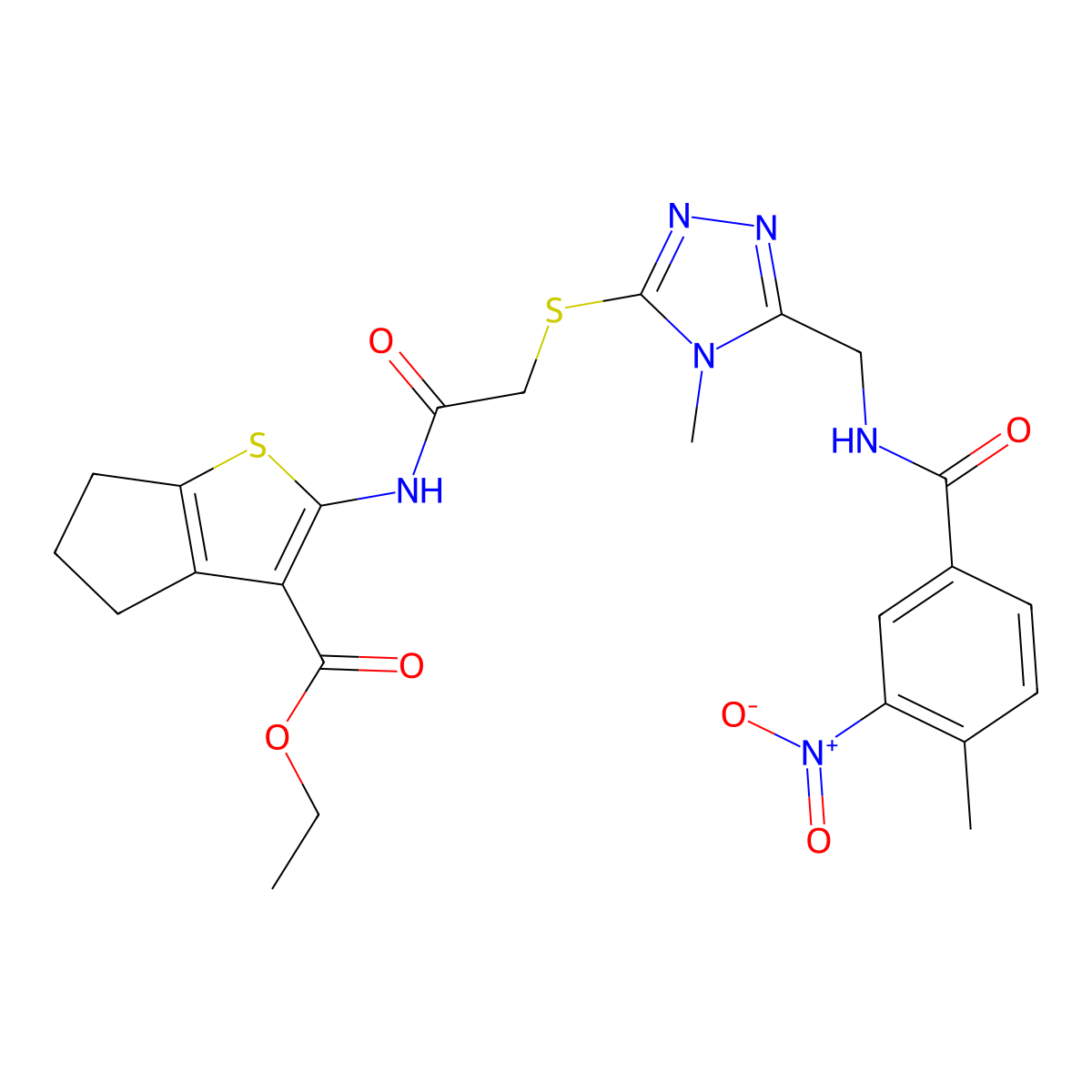 ethyl 2-[[2-[[4-methyl-5-[[(4-methyl-3-nitrobenzoyl)amino]methyl]-1,2,4-triazol-3-yl]sulfanyl]acetyl]amino]-5,6-dihydro-4H-cyclopenta[b]thiophene-3-carboxylate molecular structure, CAS 393849-63-3