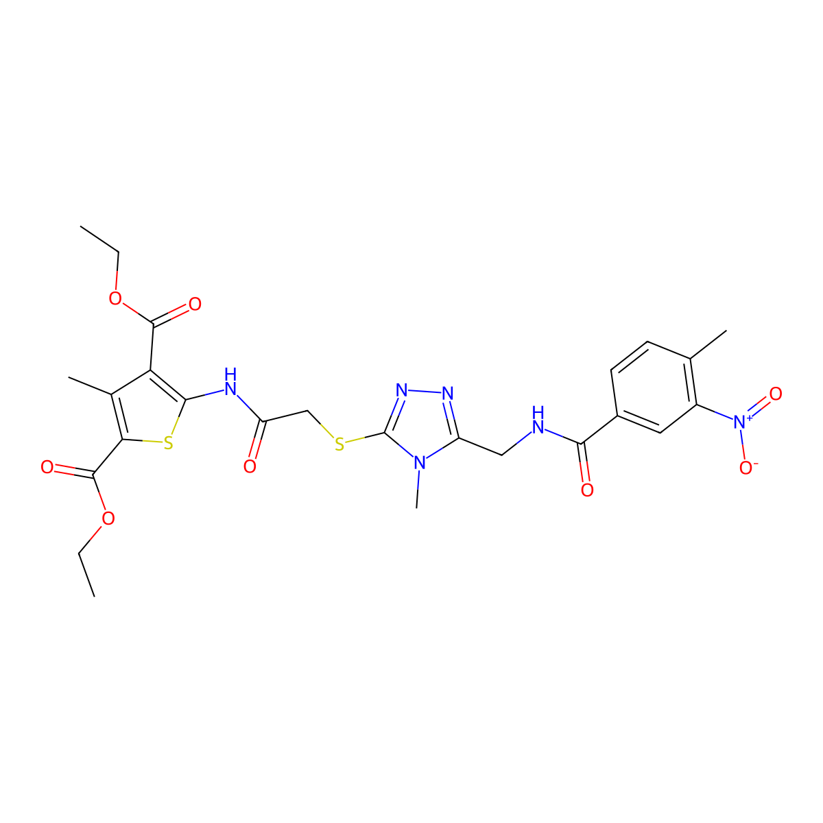 Diethyl 3-methyl-5-[[2-[[4-methyl-5-[[(4-methyl-3-nitrobenzoyl)amino]methyl]-1,2,4-triazol-3-yl]sulfanyl]acetyl]amino]thiophene-2,4-dicarboxylate molecular structure, CAS 393849-69-9