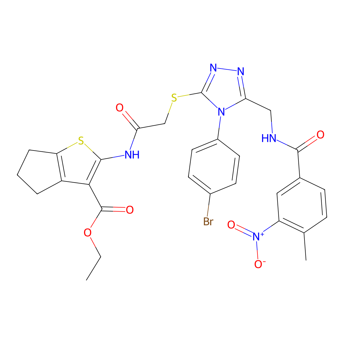 ethyl 2-(2-{[4-(4-bromophenyl)-5-{[(4-methyl-3-nitrophenyl)formamido]methyl}-4H-1,2,4-triazol-3-yl]sulfanyl}acetamido)-4H,5H,6H-cyclopenta[b]thiophene-3-carboxylate molecular structure, CAS 393849-71-3
