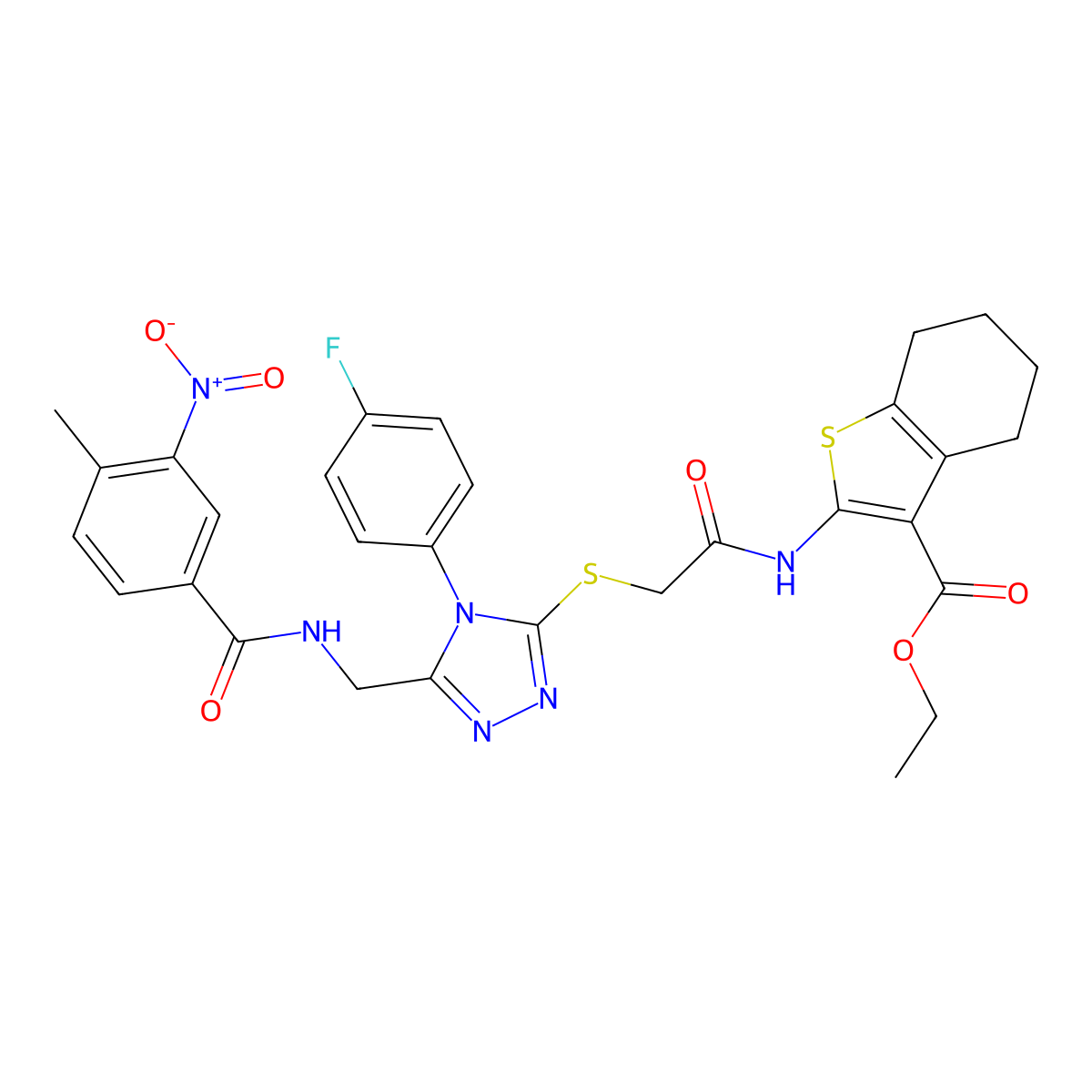 ethyl 2-(2-((4-(4-fluorophenyl)-5-((4-methyl-3-nitrobenzamido)methyl)-4H-1,2,4-triazol-3-yl)thio)acetamido)-4,5,6,7-tetrahydrobenzo[b]thiophene-3-carboxylate molecular structure, CAS 393849-73-5