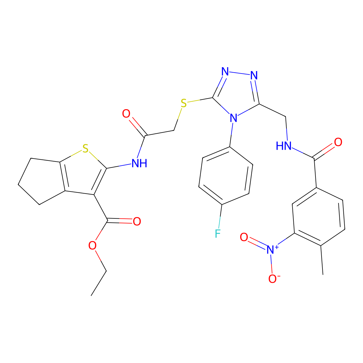 ethyl 2-(2-((4-(4-fluorophenyl)-5-((4-methyl-3-nitrobenzamido)methyl)-4H-1,2,4-triazol-3-yl)thio)acetamido)-5,6-dihydro-4H-cyclopenta[b]thiophene-3-carboxylate molecular structure, CAS 393849-75-7