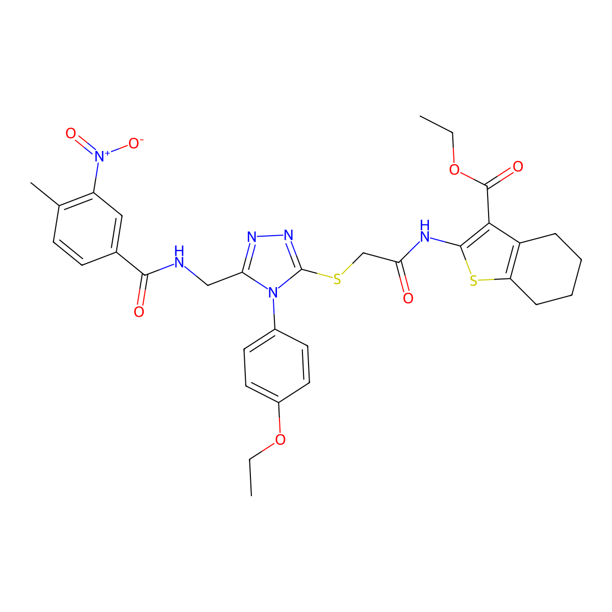 Ethyl 2-[[2-[[4-(4-ethoxyphenyl)-5-[[(4-methyl-3-nitrobenzoyl)amino]methyl]-1,2,4-triazol-3-yl]sulfanyl]acetyl]amino]-4,5,6,7-tetrahydro-1-benzothiophene-3-carboxylate molecular structure, CAS 393849-79-1