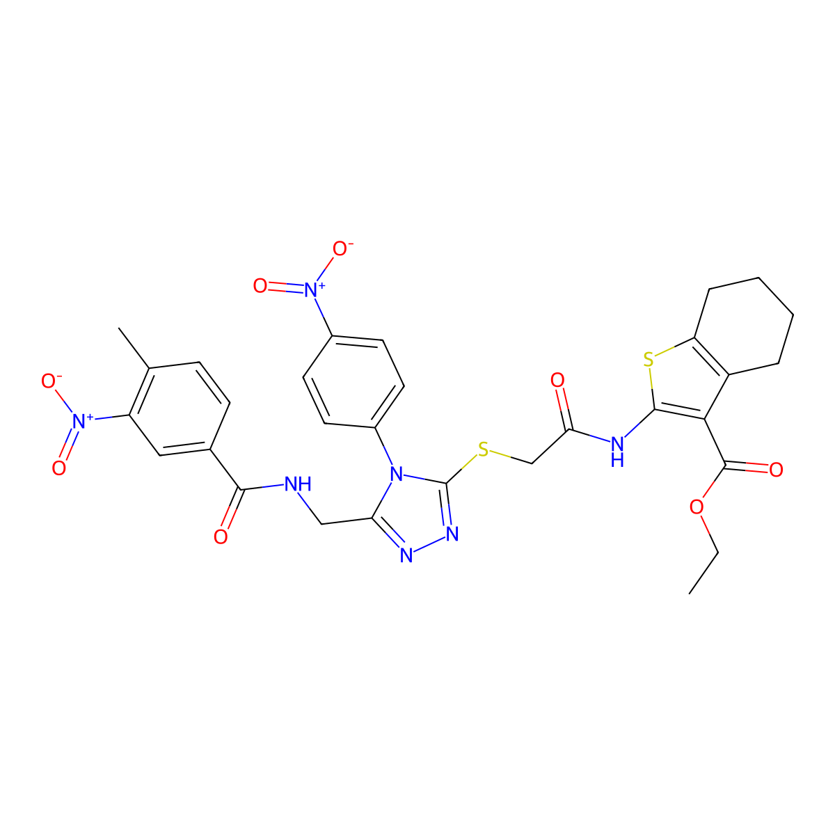 Ethyl 2-[[2-[[5-[[(4-methyl-3-nitrobenzoyl)amino]methyl]-4-(4-nitrophenyl)-1,2,4-triazol-3-yl]sulfanyl]acetyl]amino]-4,5,6,7-tetrahydro-1-benzothiophene-3-carboxylate molecular structure, CAS 393849-83-7