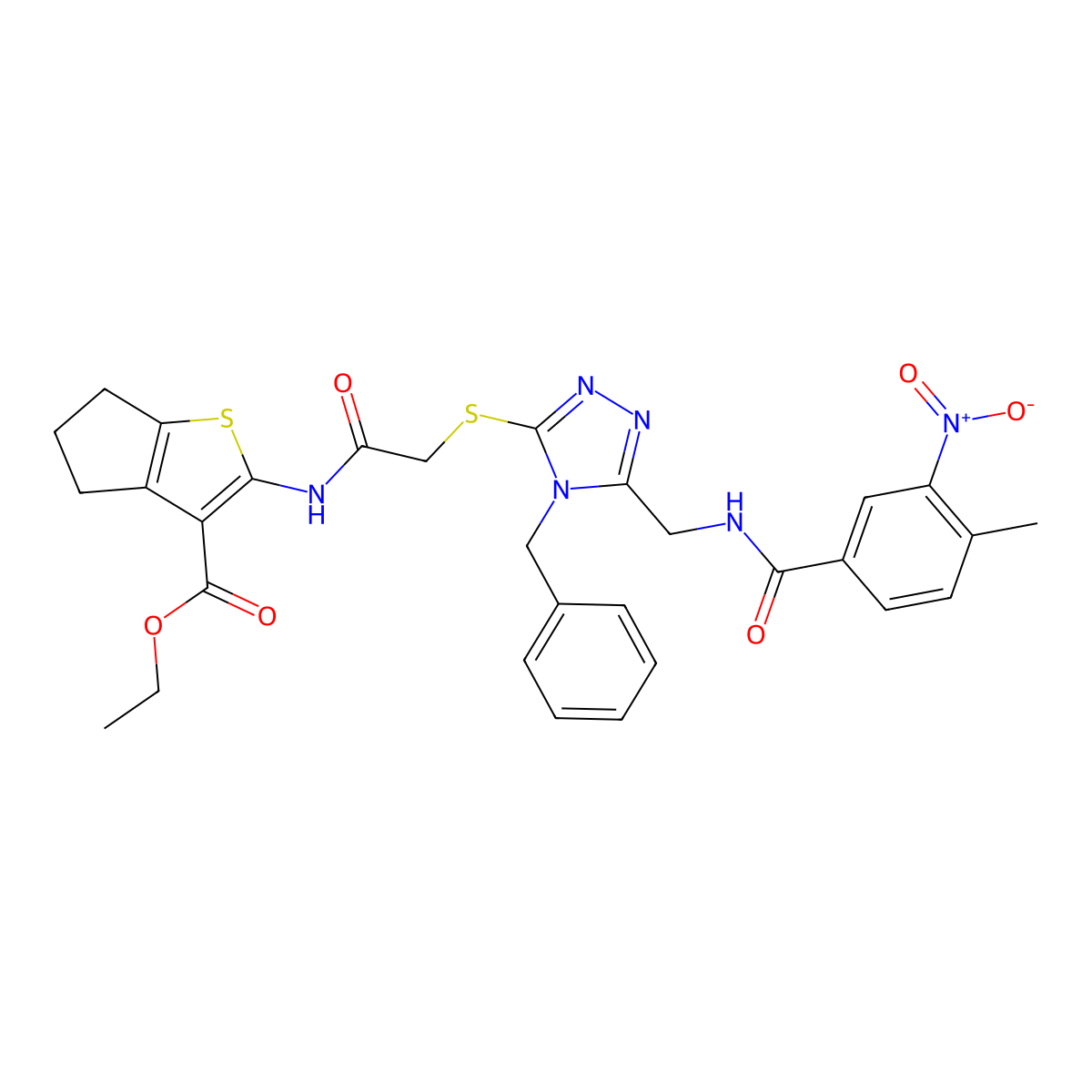 ethyl 2-[[2-[[4-benzyl-5-[[(4-methyl-3-nitrobenzoyl)amino]methyl]-1,2,4-triazol-3-yl]sulfanyl]acetyl]amino]-5,6-dihydro-4H-cyclopenta[b]thiophene-3-carboxylate molecular structure, CAS 393849-91-7