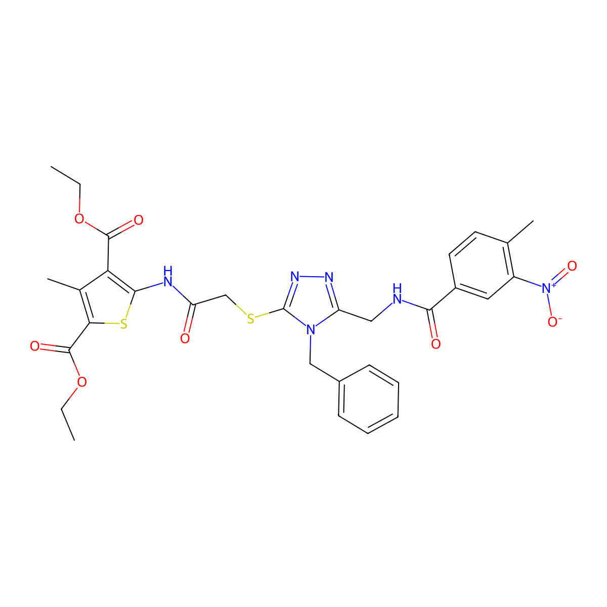 diethyl 5-(2-((4-benzyl-5-((4-methyl-3-nitrobenzamido)methyl)-4H-1,2,4-triazol-3-yl)thio)acetamido)-3-methylthiophene-2,4-dicarboxylate molecular structure, CAS 393849-93-9