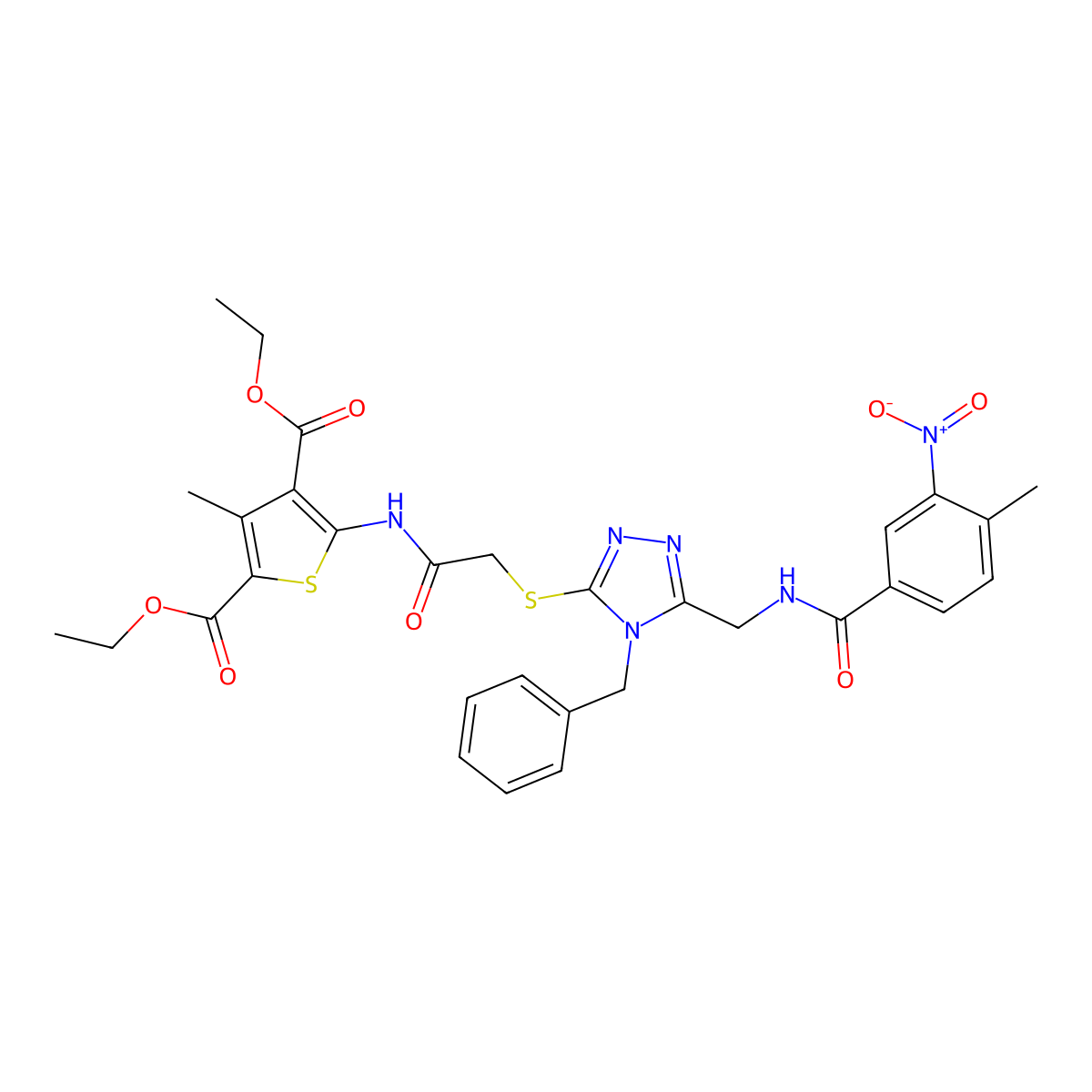 diethyl 5-(2-((4-benzyl-5-((4-methyl-3-nitrobenzamido)methyl)-4H-1,2,4-triazol-3-yl)thio)acetamido)-3-methylthiophene-2,4-dicarboxylate molecular structure, CAS 393849-93-9