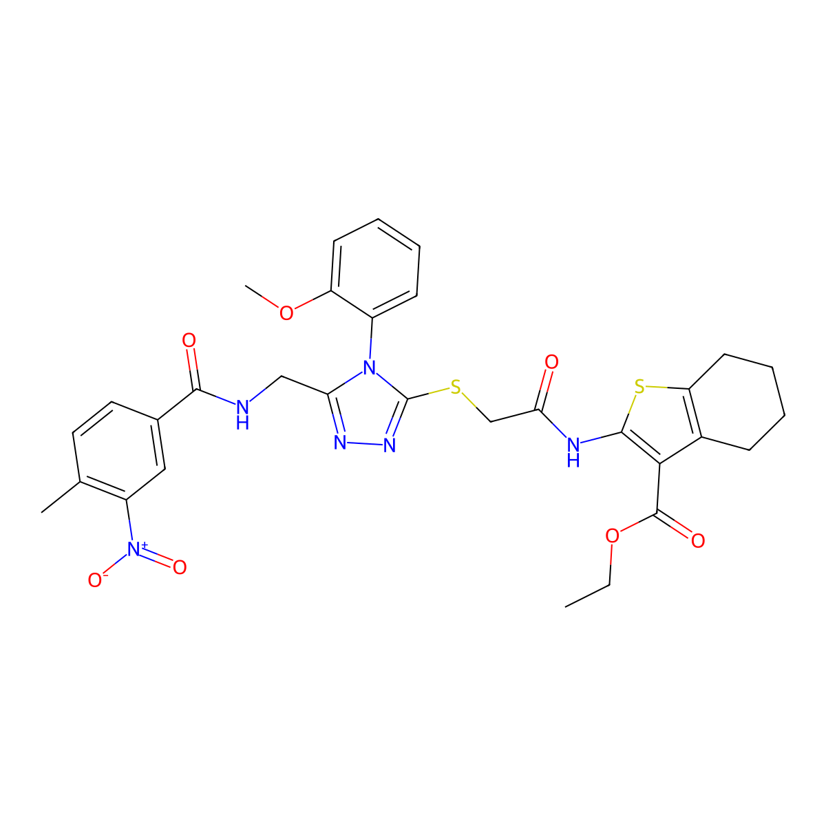 ethyl 2-(2-((4-(2-methoxyphenyl)-5-((4-methyl-3-nitrobenzamido)methyl)-4H-1,2,4-triazol-3-yl)thio)acetamido)-4,5,6,7-tetrahydrobenzo[b]thiophene-3-carboxylate molecular structure, CAS 393849-96-2
