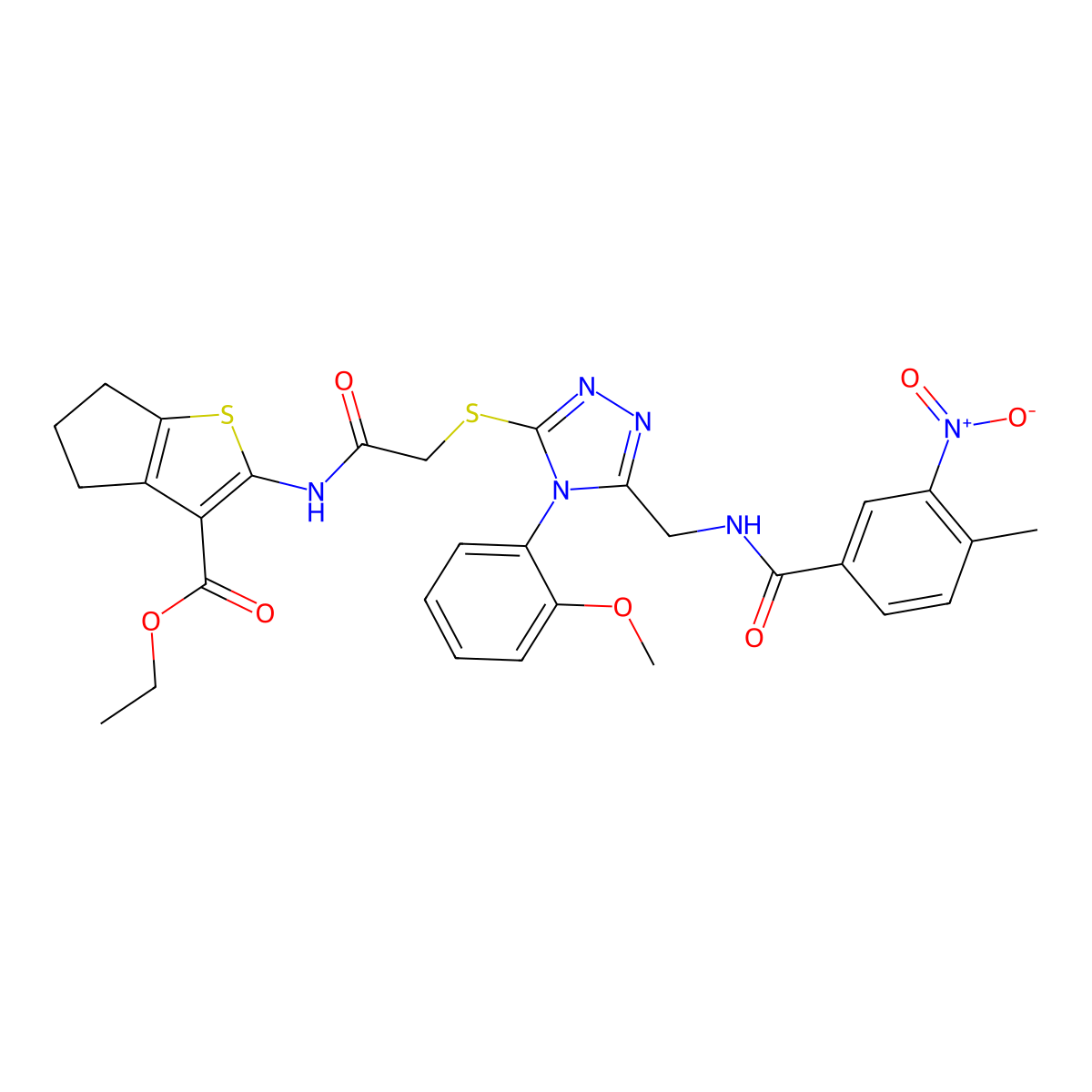 ethyl 2-(2-((4-(2-methoxyphenyl)-5-((4-methyl-3-nitrobenzamido)methyl)-4H-1,2,4-triazol-3-yl)thio)acetamido)-5,6-dihydro-4H-cyclopenta[b]thiophene-3-carboxylate molecular structure, CAS 393849-98-4