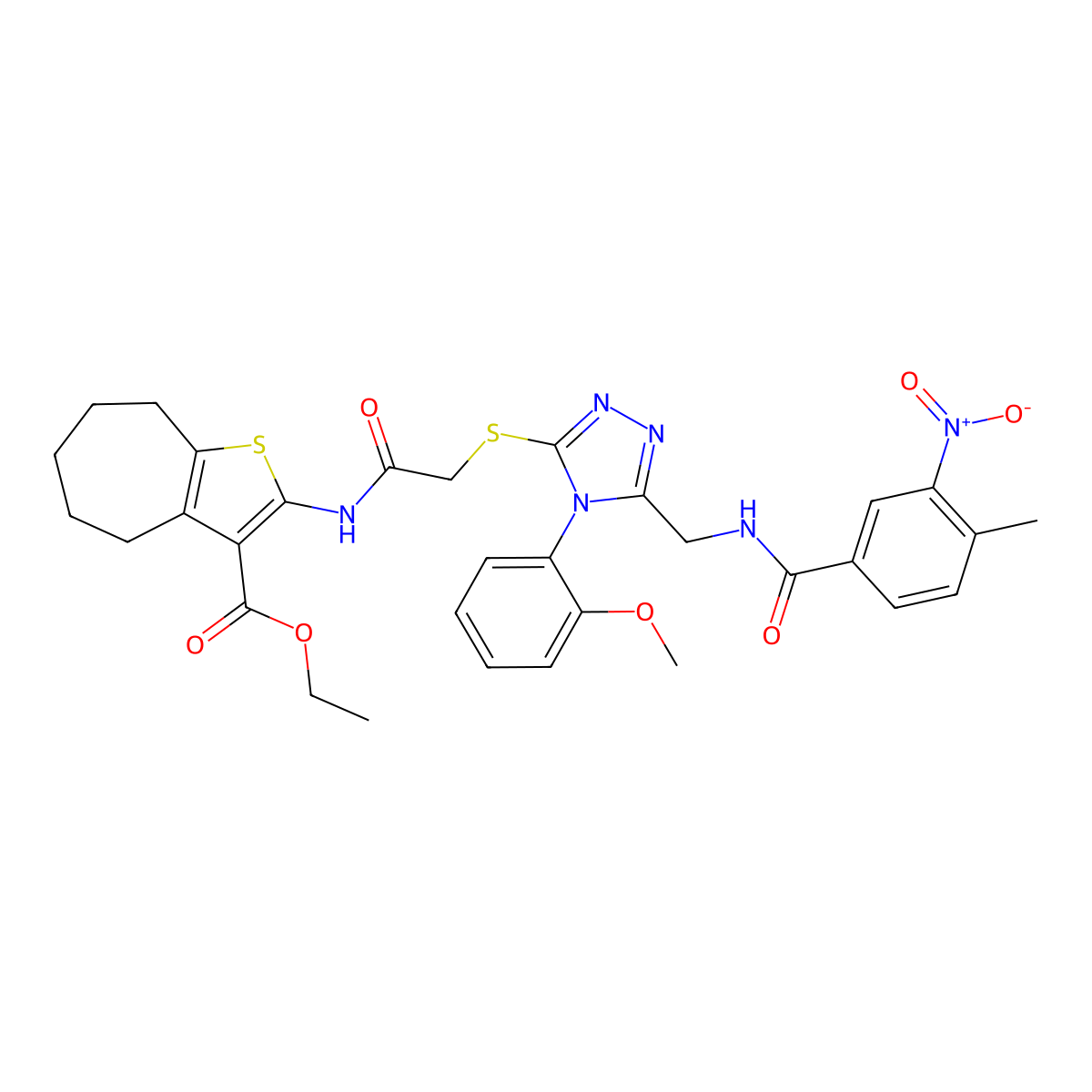 ethyl 2-(2-((4-(2-methoxyphenyl)-5-((4-methyl-3-nitrobenzamido)methyl)-4H-1,2,4-triazol-3-yl)thio)acetamido)-5,6,7,8-tetrahydro-4H-cyclohepta[b]thiophene-3-carboxylate molecular structure, CAS 393850-00-5