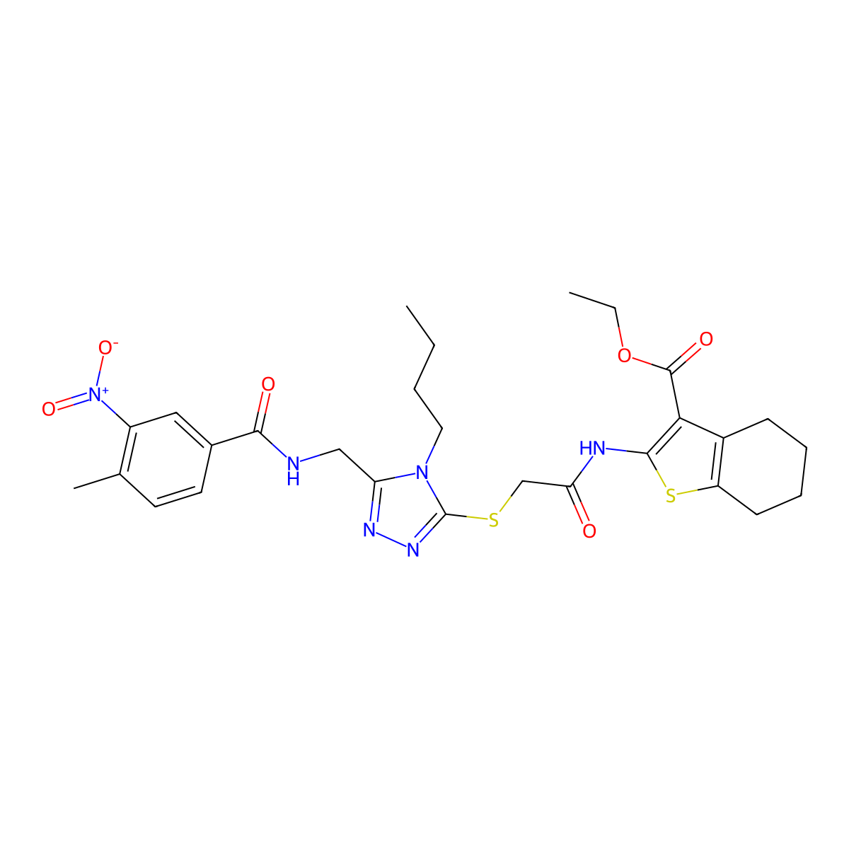 Ethyl 2-[[2-[[4-butyl-5-[[(4-methyl-3-nitrobenzoyl)amino]methyl]-1,2,4-triazol-3-yl]sulfanyl]acetyl]amino]-4,5,6,7-tetrahydro-1-benzothiophene-3-carboxylate molecular structure, CAS 393850-04-9