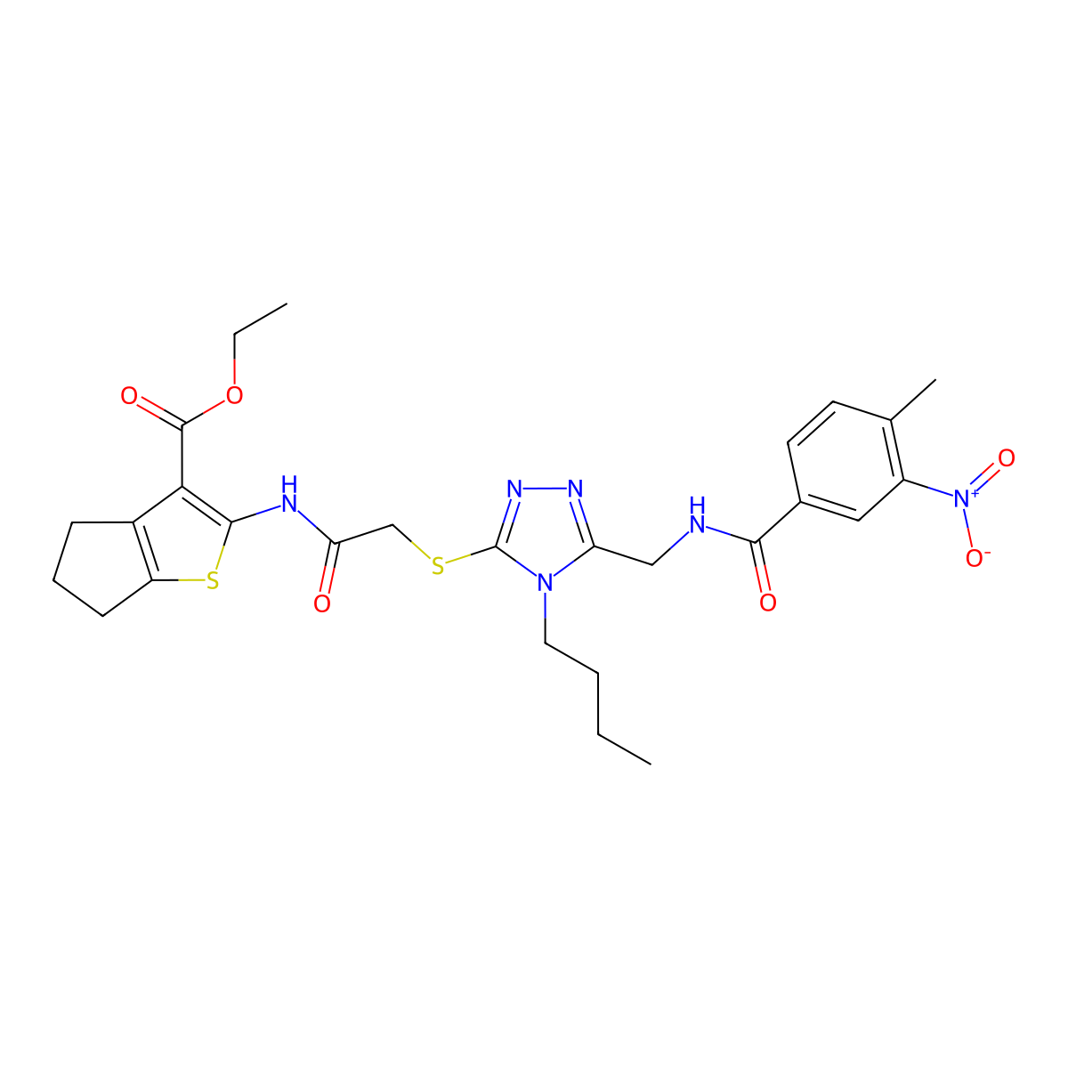 ethyl 2-[[2-[[4-butyl-5-[[(4-methyl-3-nitrobenzoyl)amino]methyl]-1,2,4-triazol-3-yl]sulfanyl]acetyl]amino]-5,6-dihydro-4H-cyclopenta[b]thiophene-3-carboxylate molecular structure, CAS 393850-06-1