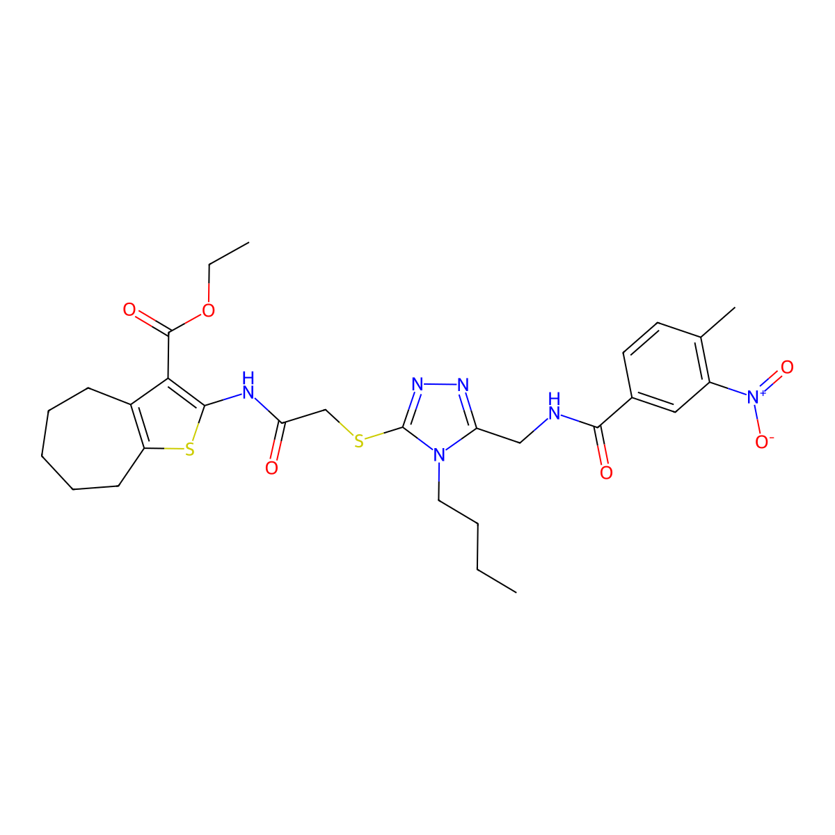 ethyl 2-[[2-[[4-butyl-5-[[(4-methyl-3-nitrobenzoyl)amino]methyl]-1,2,4-triazol-3-yl]sulfanyl]acetyl]amino]-5,6,7,8-tetrahydro-4H-cyclohepta[b]thiophene-3-carboxylate molecular structure, CAS 393850-08-3