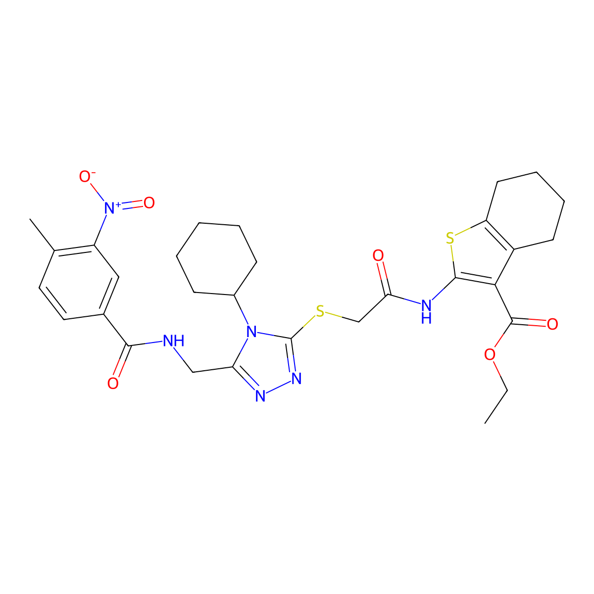 ethyl 2-(2-((4-cyclohexyl-5-((4-methyl-3-nitrobenzamido)methyl)-4H-1,2,4-triazol-3-yl)thio)acetamido)-4,5,6,7-tetrahydrobenzo[b]thiophene-3-carboxylate molecular structure, CAS 393850-12-9