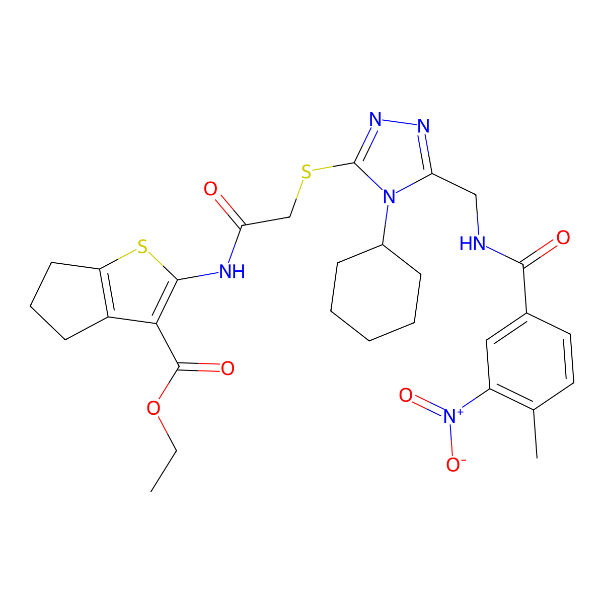 ethyl 2-[[2-[[4-cyclohexyl-5-[[(4-methyl-3-nitrobenzoyl)amino]methyl]-1,2,4-triazol-3-yl]sulfanyl]acetyl]amino]-5,6-dihydro-4H-cyclopenta[b]thiophene-3-carboxylate molecular structure, CAS 393850-14-1