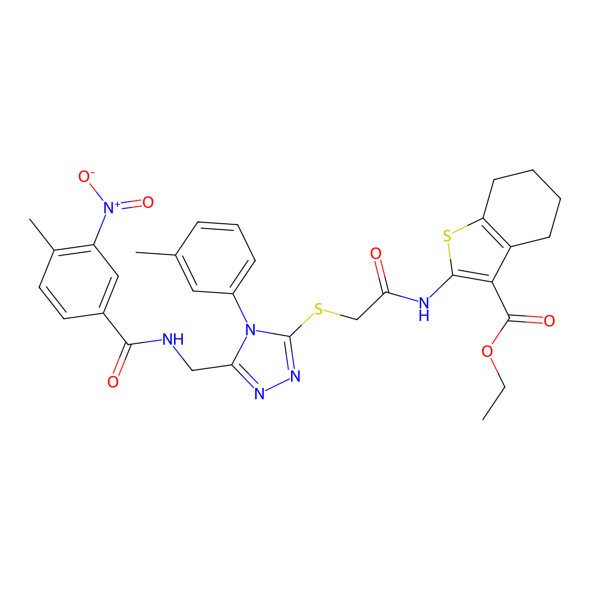 Ethyl 2-[[2-[[5-[[(4-methyl-3-nitrobenzoyl)amino]methyl]-4-(3-methylphenyl)-1,2,4-triazol-3-yl]sulfanyl]acetyl]amino]-4,5,6,7-tetrahydro-1-benzothiophene-3-carboxylate molecular structure, CAS 393850-18-5