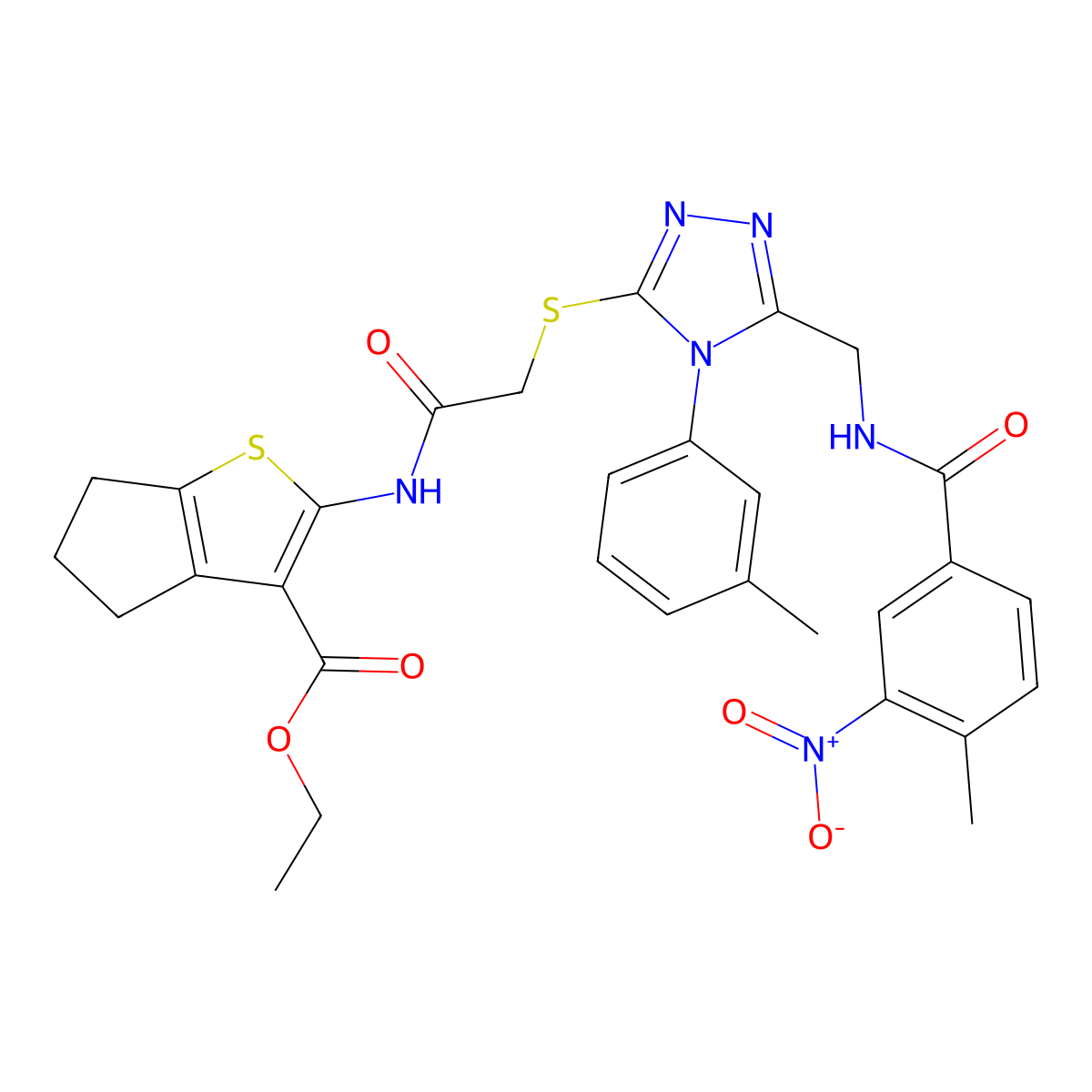 ethyl 2-(2-((5-((4-methyl-3-nitrobenzamido)methyl)-4-(m-tolyl)-4H-1,2,4-triazol-3-yl)thio)acetamido)-5,6-dihydro-4H-cyclopenta[b]thiophene-3-carboxylate molecular structure, CAS 393850-20-9