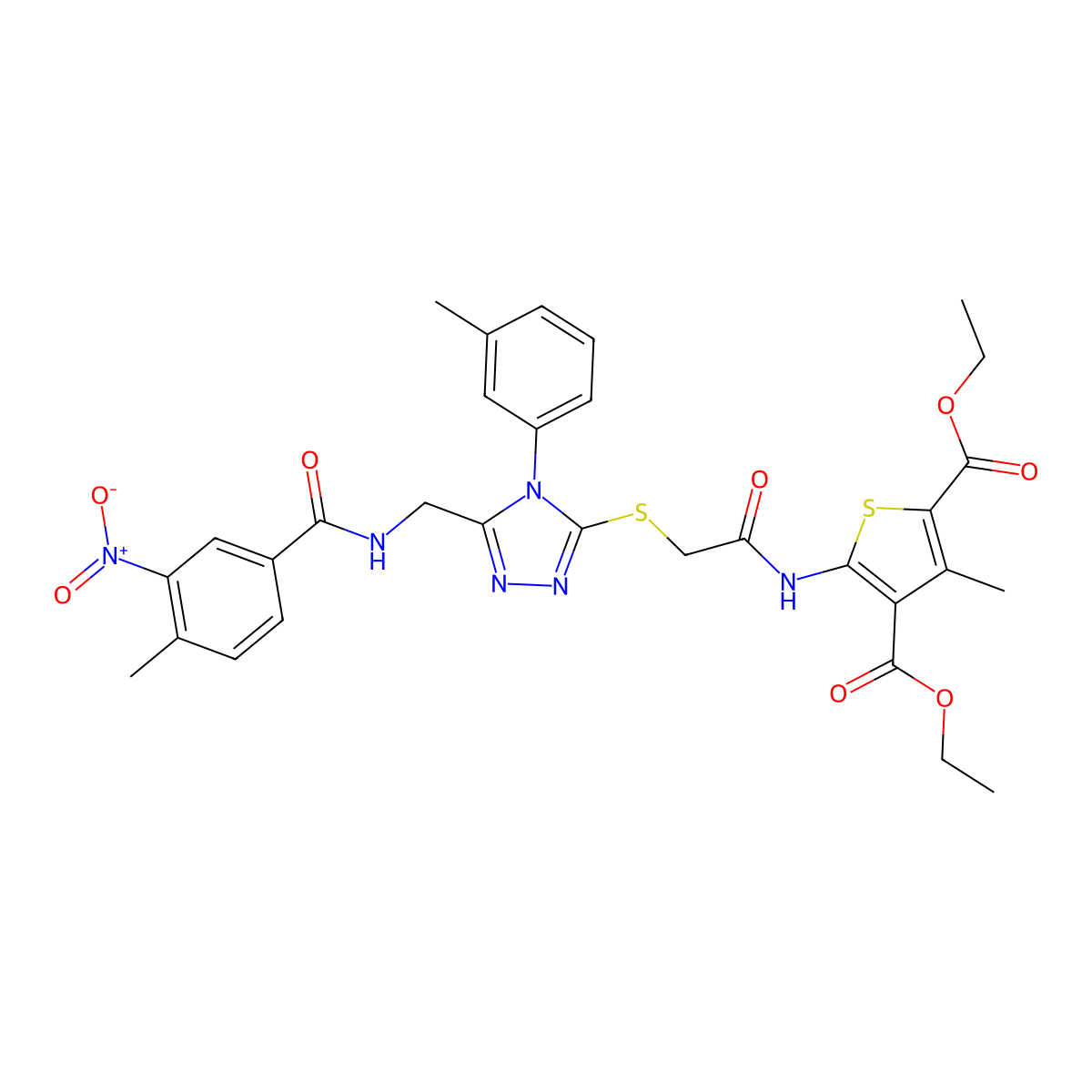 diethyl 3-methyl-5-(2-((5-((4-methyl-3-nitrobenzamido)methyl)-4-(m-tolyl)-4H-1,2,4-triazol-3-yl)thio)acetamido)thiophene-2,4-dicarboxylate molecular structure, CAS 393850-22-1