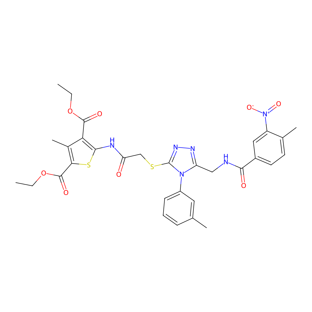 diethyl 3-methyl-5-(2-((5-((4-methyl-3-nitrobenzamido)methyl)-4-(m-tolyl)-4H-1,2,4-triazol-3-yl)thio)acetamido)thiophene-2,4-dicarboxylate molecular structure, CAS 393850-22-1