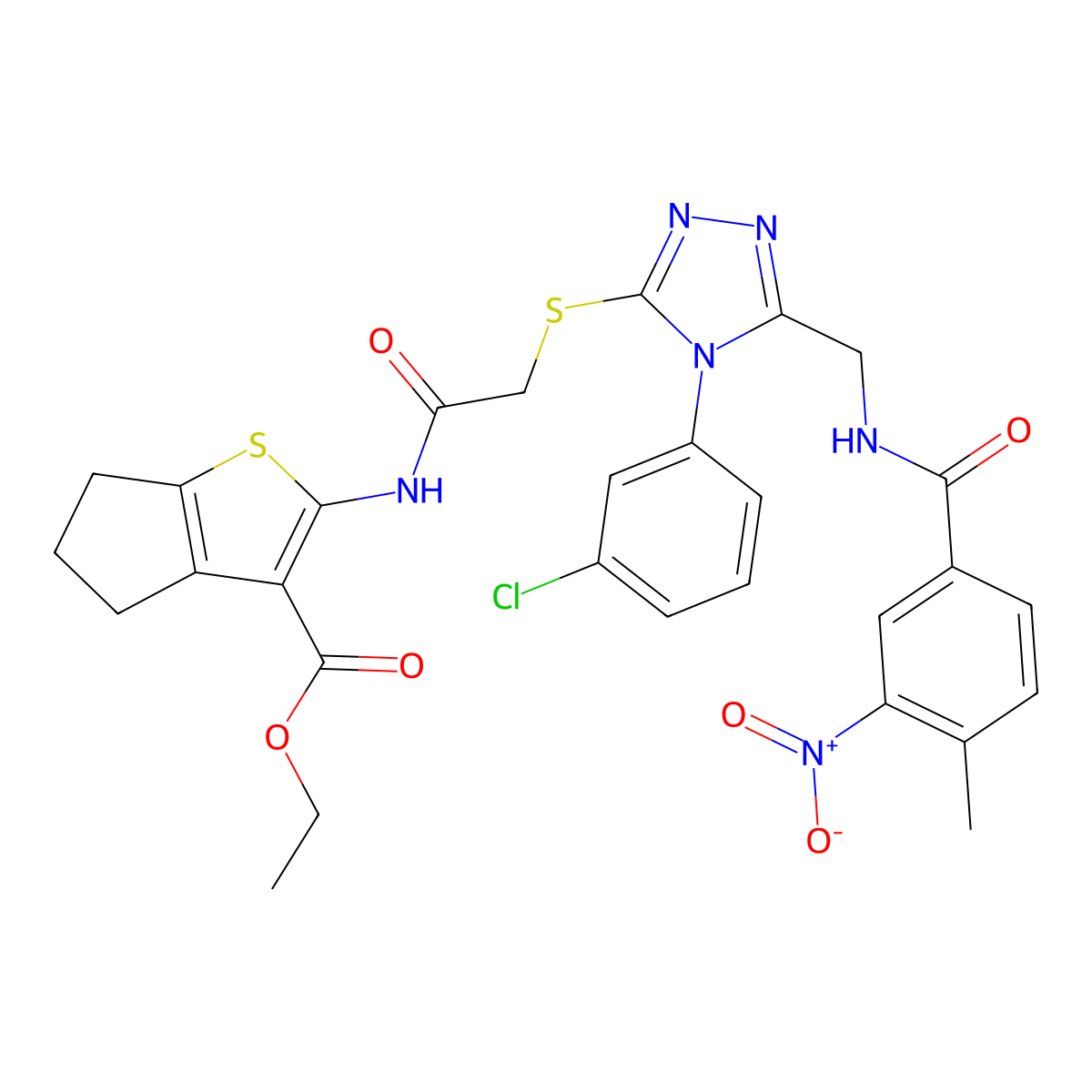 ethyl 2-[[2-[[4-(3-chlorophenyl)-5-[[(4-methyl-3-nitrobenzoyl)amino]methyl]-1,2,4-triazol-3-yl]sulfanyl]acetyl]amino]-5,6-dihydro-4H-cyclopenta[b]thiophene-3-carboxylate molecular structure, CAS 393850-24-3