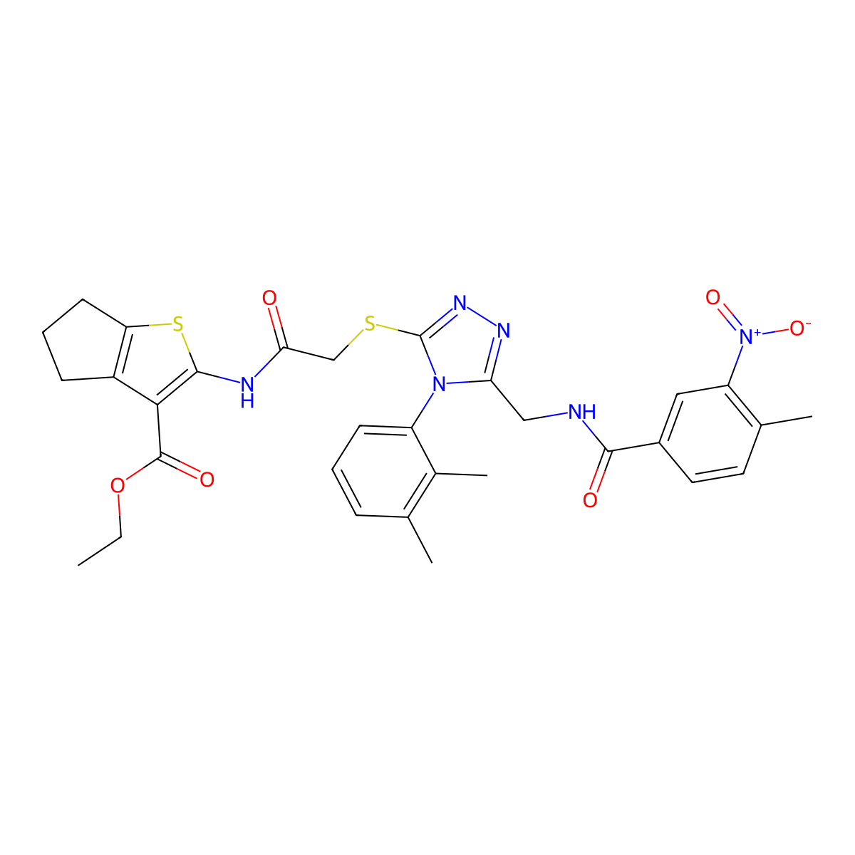 ethyl 2-[[2-[[4-(2,3-dimethylphenyl)-5-[[(4-methyl-3-nitrobenzoyl)amino]methyl]-1,2,4-triazol-3-yl]sulfanyl]acetyl]amino]-5,6-dihydro-4H-cyclopenta[b]thiophene-3-carboxylate molecular structure, CAS 393850-26-5