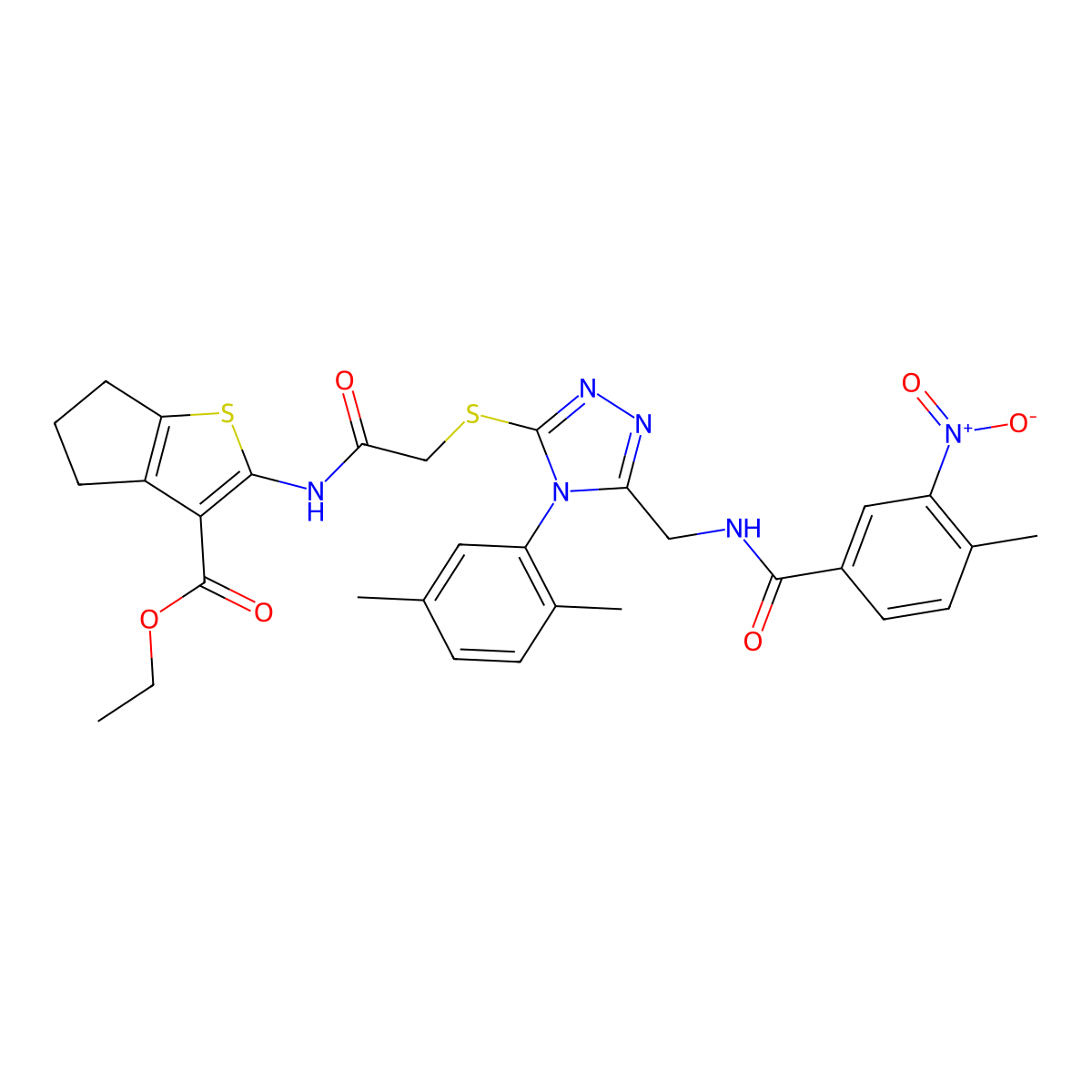 ethyl 2-[[2-[[4-(2,5-dimethylphenyl)-5-[[(4-methyl-3-nitrobenzoyl)amino]methyl]-1,2,4-triazol-3-yl]sulfanyl]acetyl]amino]-5,6-dihydro-4H-cyclopenta[b]thiophene-3-carboxylate molecular structure, CAS 393850-30-1