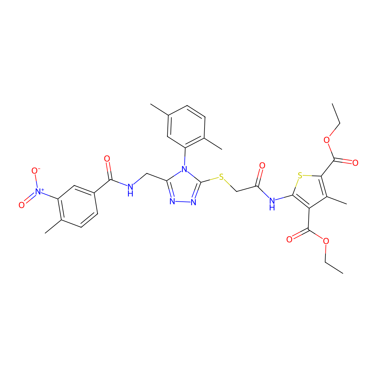 diethyl 5-(2-((4-(2,5-dimethylphenyl)-5-((4-methyl-3-nitrobenzamido)methyl)-4H-1,2,4-triazol-3-yl)thio)acetamido)-3-methylthiophene-2,4-dicarboxylate molecular structure, CAS 393850-32-3