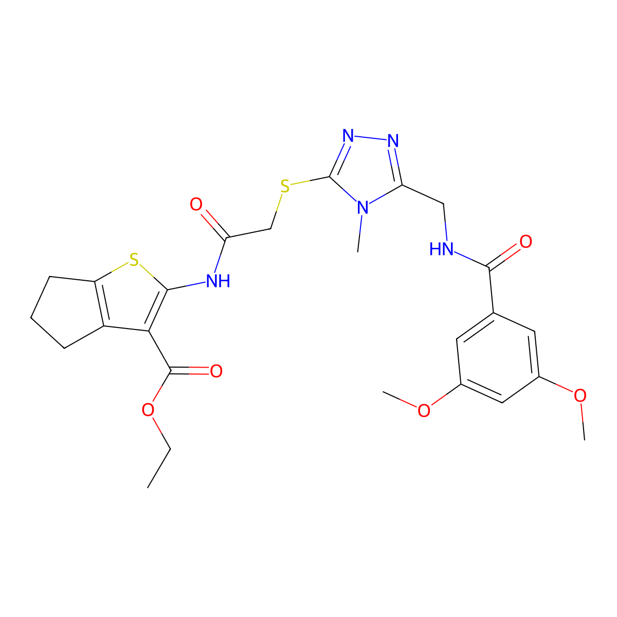 ethyl 2-(2-((5-((3,5-dimethoxybenzamido)methyl)-4-methyl-4H-1,2,4-triazol-3-yl)thio)acetamido)-5,6-dihydro-4H-cyclopenta[b]thiophene-3-carboxylate molecular structure, CAS 393850-79-8