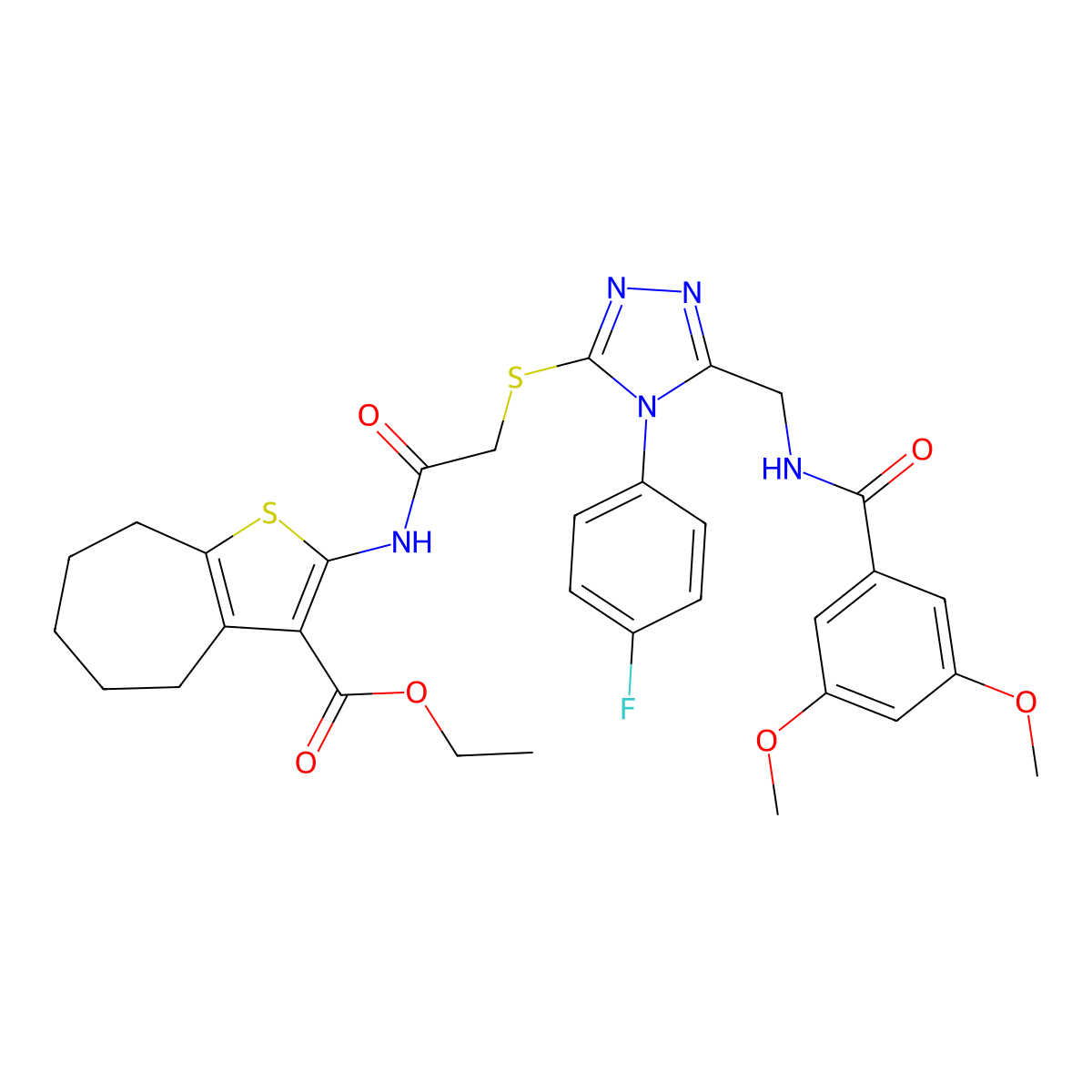 ethyl 2-(2-((5-((3,5-dimethoxybenzamido)methyl)-4-(4-fluorophenyl)-4H-1,2,4-triazol-3-yl)thio)acetamido)-5,6,7,8-tetrahydro-4H-cyclohepta[b]thiophene-3-carboxylate molecular structure, CAS 393850-90-3