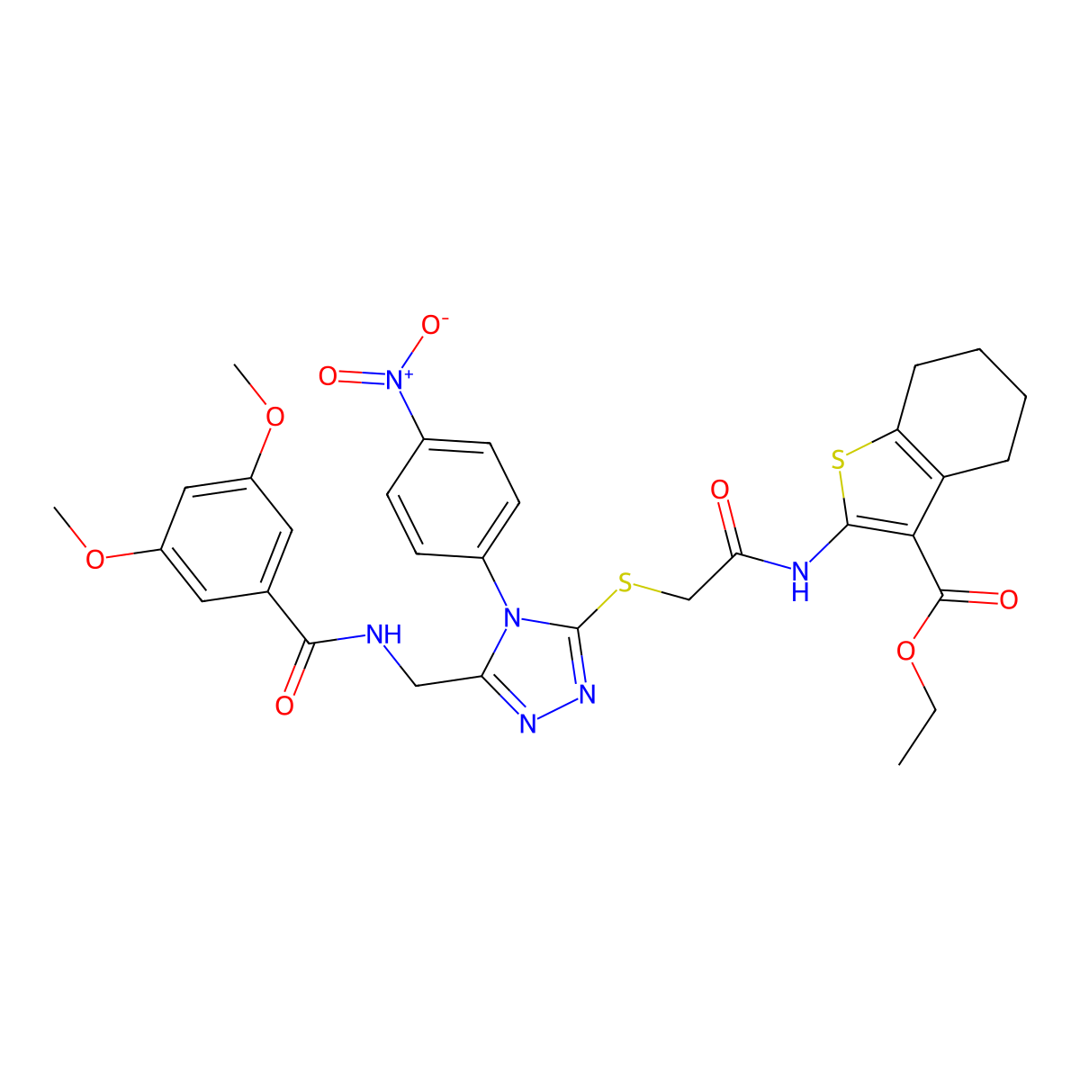 Ethyl 2-[[2-[[5-[[(3,5-dimethoxybenzoyl)amino]methyl]-4-(4-nitrophenyl)-1,2,4-triazol-3-yl]sulfanyl]acetyl]amino]-4,5,6,7-tetrahydro-1-benzothiophene-3-carboxylate molecular structure, CAS 393850-98-1