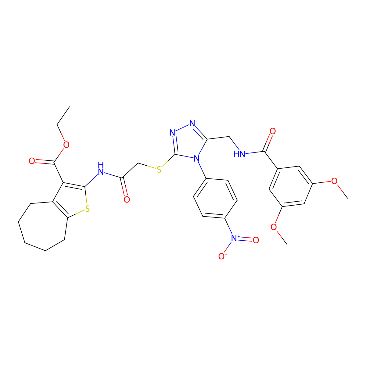 ethyl 2-(2-((5-((3,5-dimethoxybenzamido)methyl)-4-(4-nitrophenyl)-4H-1,2,4-triazol-3-yl)thio)acetamido)-5,6,7,8-tetrahydro-4H-cyclohepta[b]thiophene-3-carboxylate molecular structure, CAS 393851-02-0