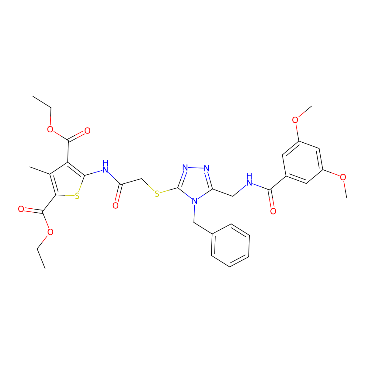 diethyl 5-(2-((4-benzyl-5-((3,5-dimethoxybenzamido)methyl)-4H-1,2,4-triazol-3-yl)thio)acetamido)-3-methylthiophene-2,4-dicarboxylate molecular structure, CAS 393851-10-0