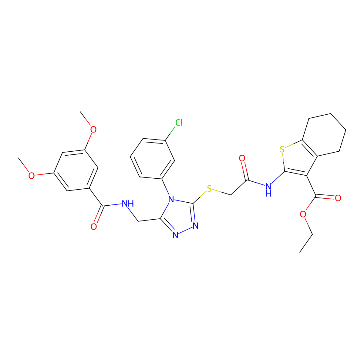 Ethyl 2-[[2-[[4-(3-chlorophenyl)-5-[[(3,5-dimethoxybenzoyl)amino]methyl]-1,2,4-triazol-3-yl]sulfanyl]acetyl]amino]-4,5,6,7-tetrahydro-1-benzothiophene-3-carboxylate molecular structure, CAS 393851-41-7