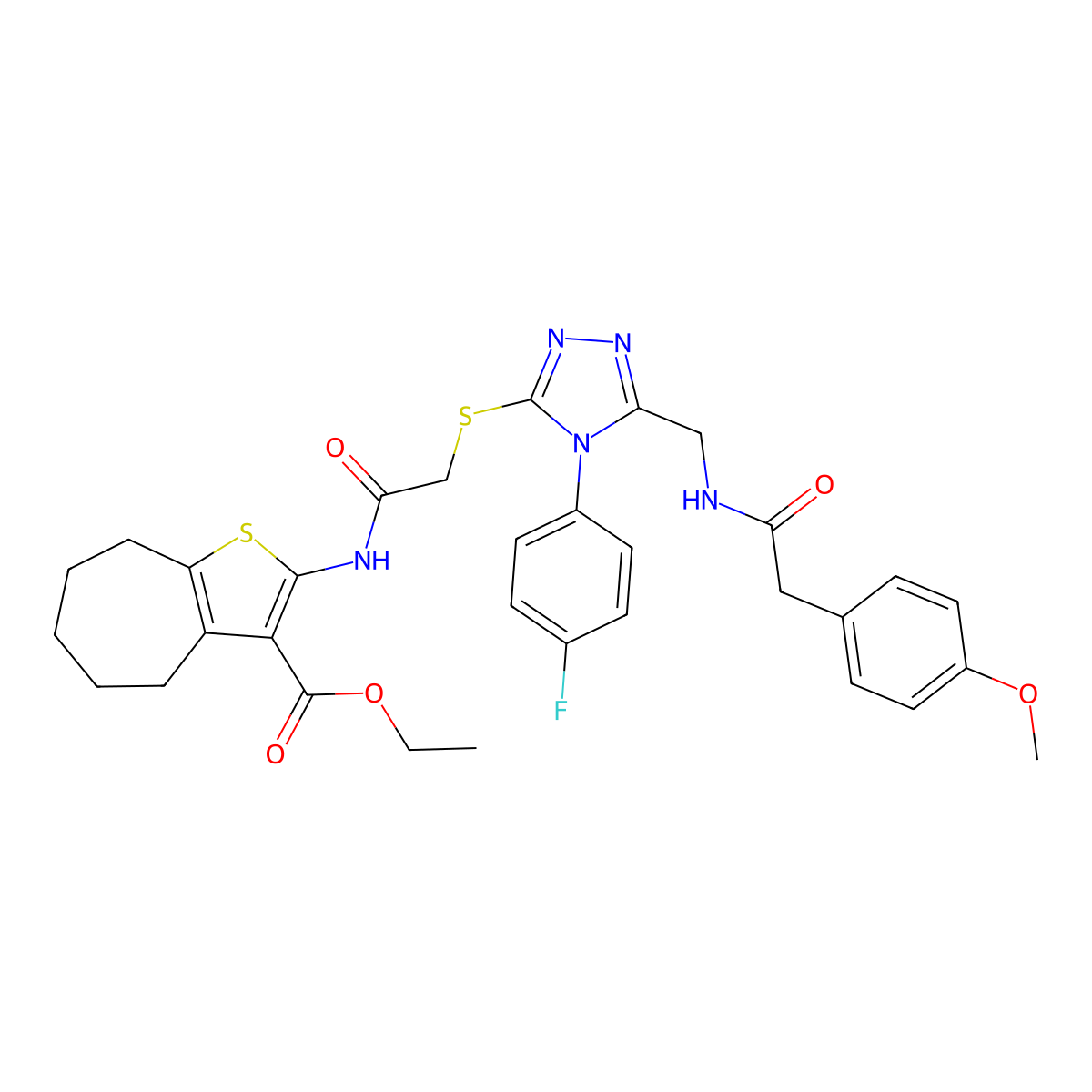 ethyl 2-(2-((4-(4-fluorophenyl)-5-((2-(4-methoxyphenyl)acetamido)methyl)-4H-1,2,4-triazol-3-yl)thio)acetamido)-5,6,7,8-tetrahydro-4H-cyclohepta[b]thiophene-3-carboxylate molecular structure, CAS 393851-63-3