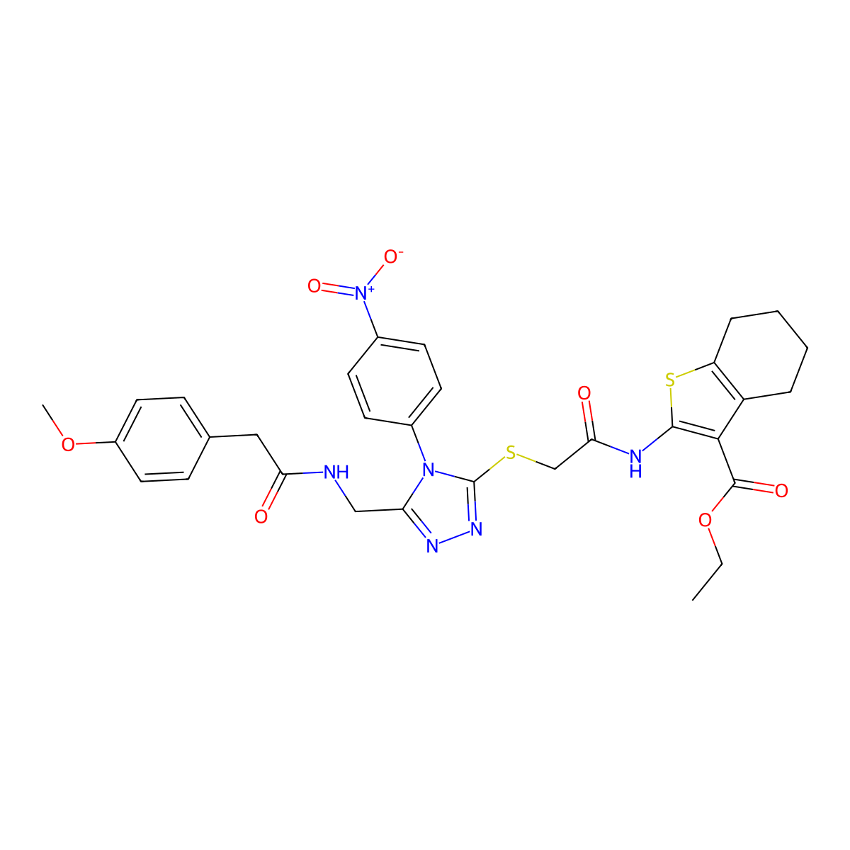 ethyl 2-(2-((5-((2-(4-methoxyphenyl)acetamido)methyl)-4-(4-nitrophenyl)-4H-1,2,4-triazol-3-yl)thio)acetamido)-4,5,6,7-tetrahydrobenzo[b]thiophene-3-carboxylate molecular structure, CAS 393851-73-5