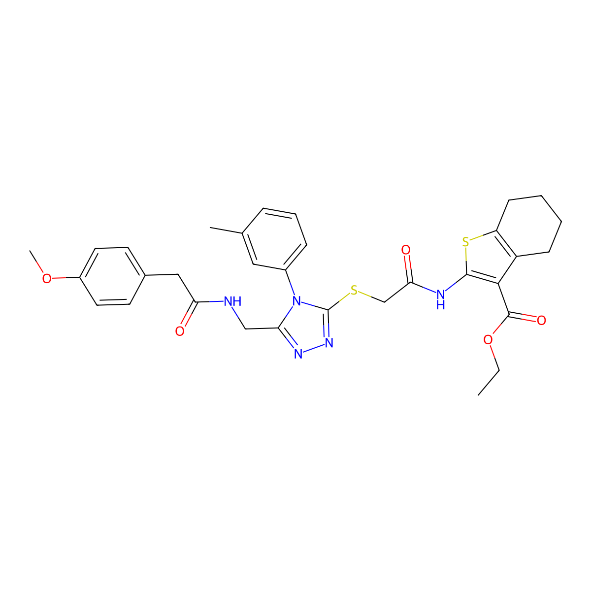 Ethyl 2-[[2-[[5-[[[2-(4-methoxyphenyl)acetyl]amino]methyl]-4-(3-methylphenyl)-1,2,4-triazol-3-yl]sulfanyl]acetyl]amino]-4,5,6,7-tetrahydro-1-benzothiophene-3-carboxylate molecular structure, CAS 393852-11-4