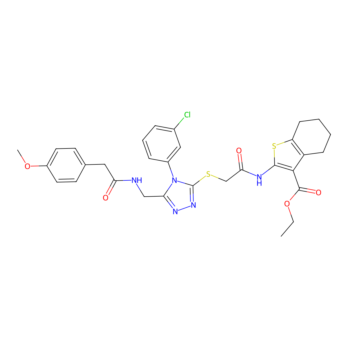 ethyl 2-(2-((4-(3-chlorophenyl)-5-((2-(4-methoxyphenyl)acetamido)methyl)-4H-1,2,4-triazol-3-yl)thio)acetamido)-4,5,6,7-tetrahydrobenzo[b]thiophene-3-carboxylate molecular structure, CAS 393852-17-0