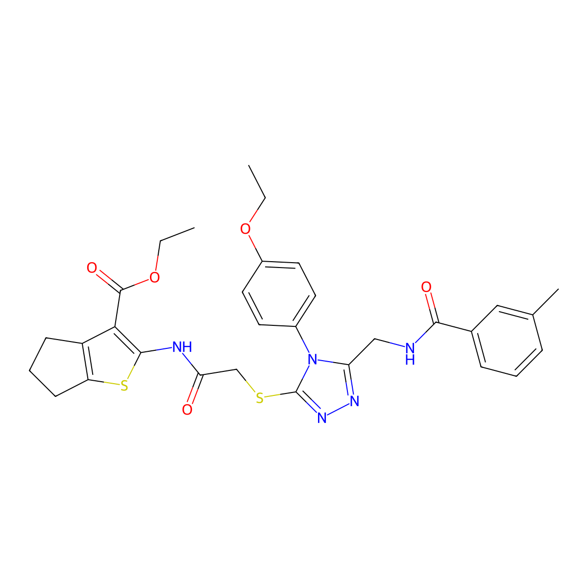 ethyl 2-(2-((4-(4-ethoxyphenyl)-5-((3-methylbenzamido)methyl)-4H-1,2,4-triazol-3-yl)thio)acetamido)-5,6-dihydro-4H-cyclopenta[b]thiophene-3-carboxylate molecular structure, CAS 393852-56-7