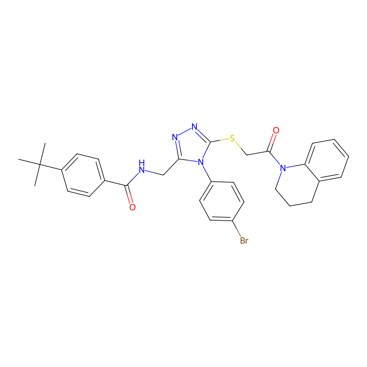 N-((4-(4-bromophenyl)-5-((2-(3,4-dihydroquinolin-1(2H)-yl)-2-oxoethyl)thio)-4H-1,2,4-triazol-3-yl)methyl)-4-(tert-butyl)benzamide molecular structure, CAS 393870-64-9