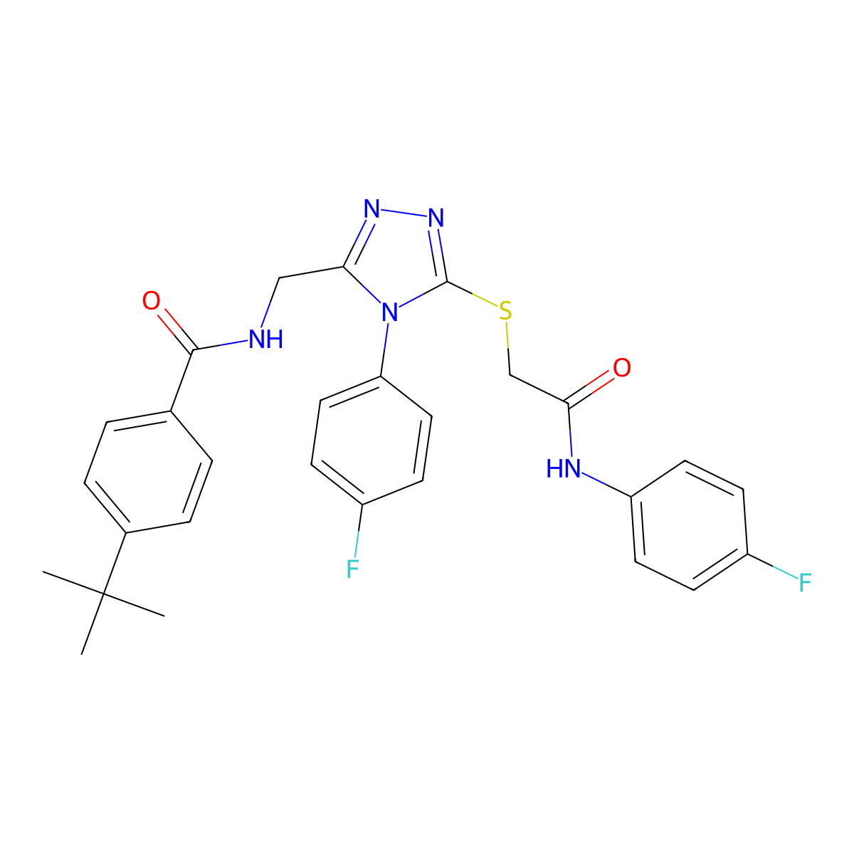 4-tert-butyl-N-[[5-[2-(4-fluoroanilino)-2-oxoethyl]sulfanyl-4-(4-fluorophenyl)-1,2,4-triazol-3-yl]methyl]benzamide molecular structure, CAS 393870-67-2