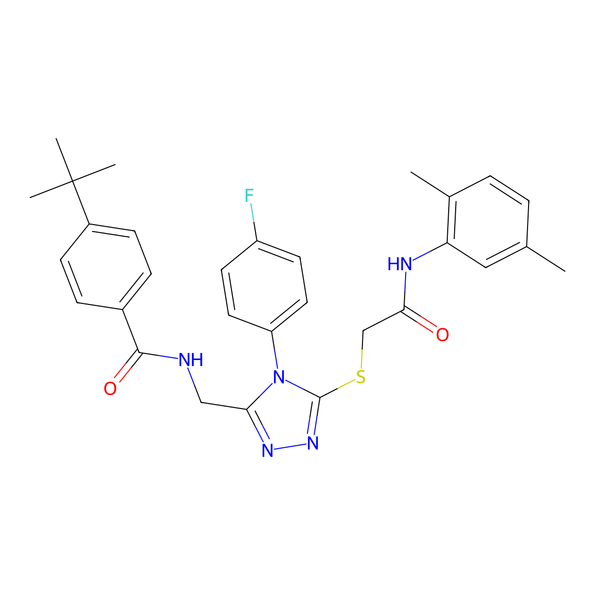 4-tert-butyl-N-[[5-[2-(2,5-dimethylanilino)-2-oxoethyl]sulfanyl-4-(4-fluorophenyl)-1,2,4-triazol-3-yl]methyl]benzamide molecular structure, CAS 393870-68-3