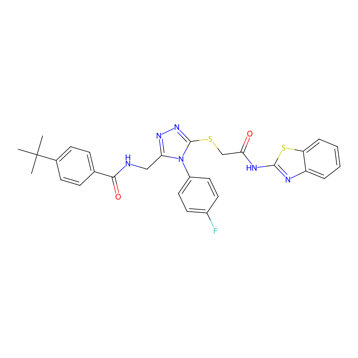 N-[[5-[2-(1,3-benzothiazol-2-ylamino)-2-oxoethyl]sulfanyl-4-(4-fluorophenyl)-1,2,4-triazol-3-yl]methyl]-4-tert-butylbenzamide molecular structure, CAS 393870-71-8