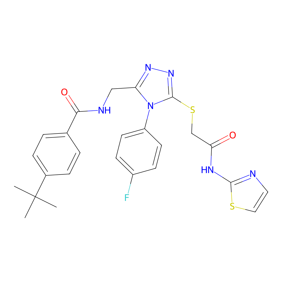 4-(tert-butyl)-N-((4-(4-fluorophenyl)-5-((2-oxo-2-(thiazol-2-ylamino)ethyl)thio)-4H-1,2,4-triazol-3-yl)methyl)benzamide molecular structure, CAS 393870-72-9
