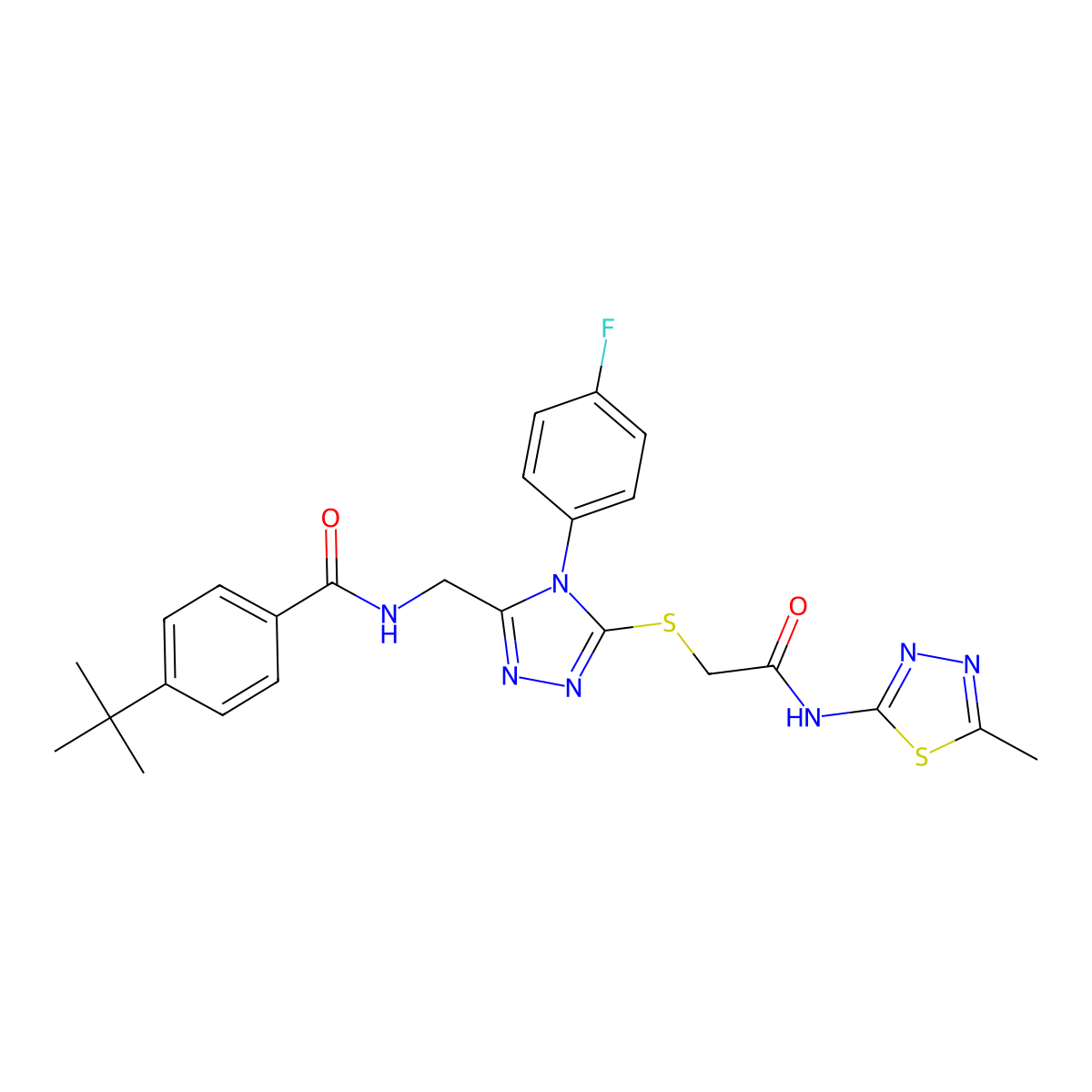 4-tert-butyl-N-[[4-(4-fluorophenyl)-5-[2-[(5-methyl-1,3,4-thiadiazol-2-yl)amino]-2-oxoethyl]sulfanyl-1,2,4-triazol-3-yl]methyl]benzamide molecular structure, CAS 393870-73-0