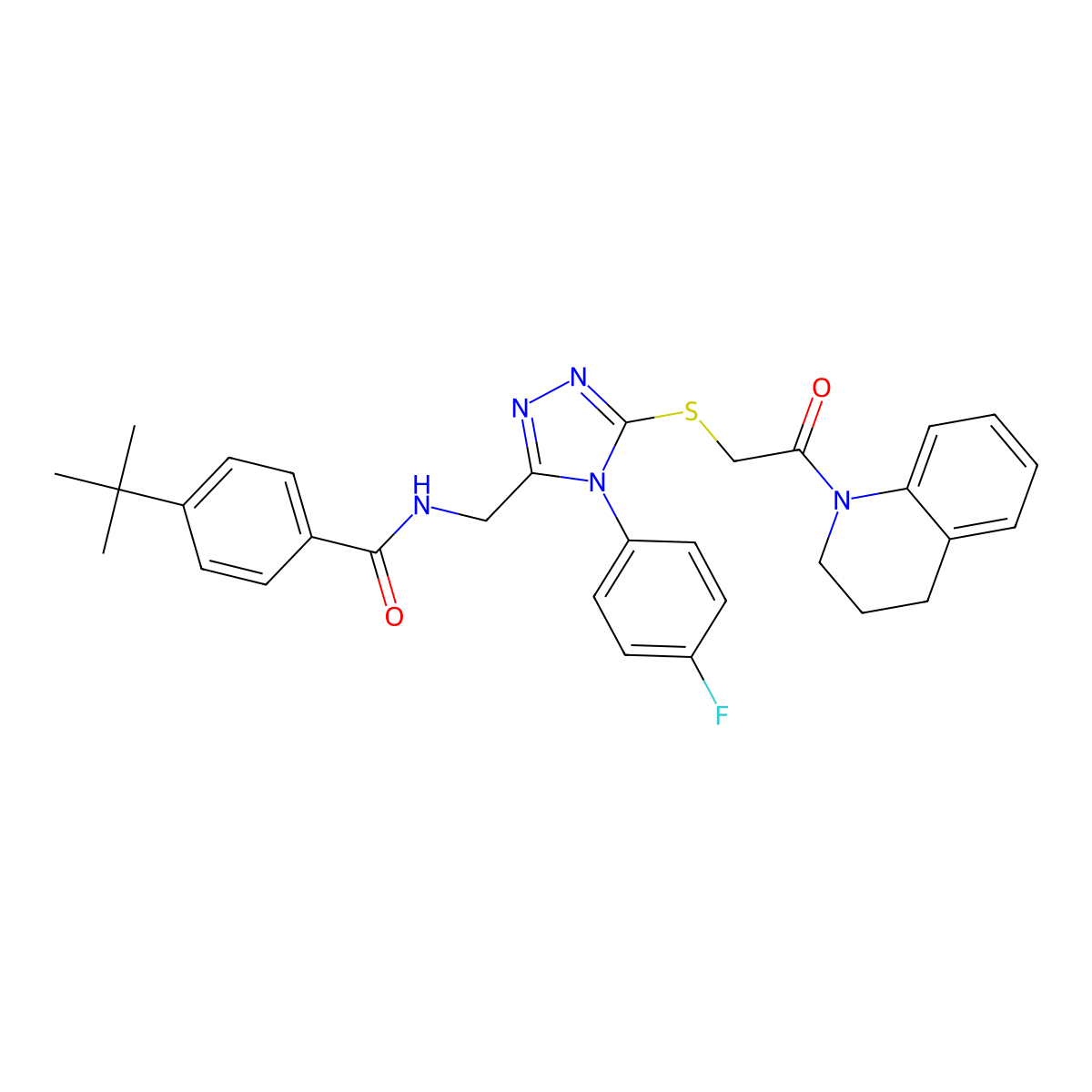 4-(tert-butyl)-N-((5-((2-(3,4-dihydroquinolin-1(2H)-yl)-2-oxoethyl)thio)-4-(4-fluorophenyl)-4H-1,2,4-triazol-3-yl)methyl)benzamide molecular structure, CAS 393870-76-3