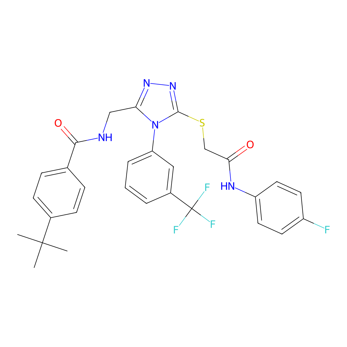 4-tert-butyl-N-[[5-[2-(4-fluoroanilino)-2-oxoethyl]sulfanyl-4-[3-(trifluoromethyl)phenyl]-1,2,4-triazol-3-yl]methyl]benzamide molecular structure, CAS 393870-91-2