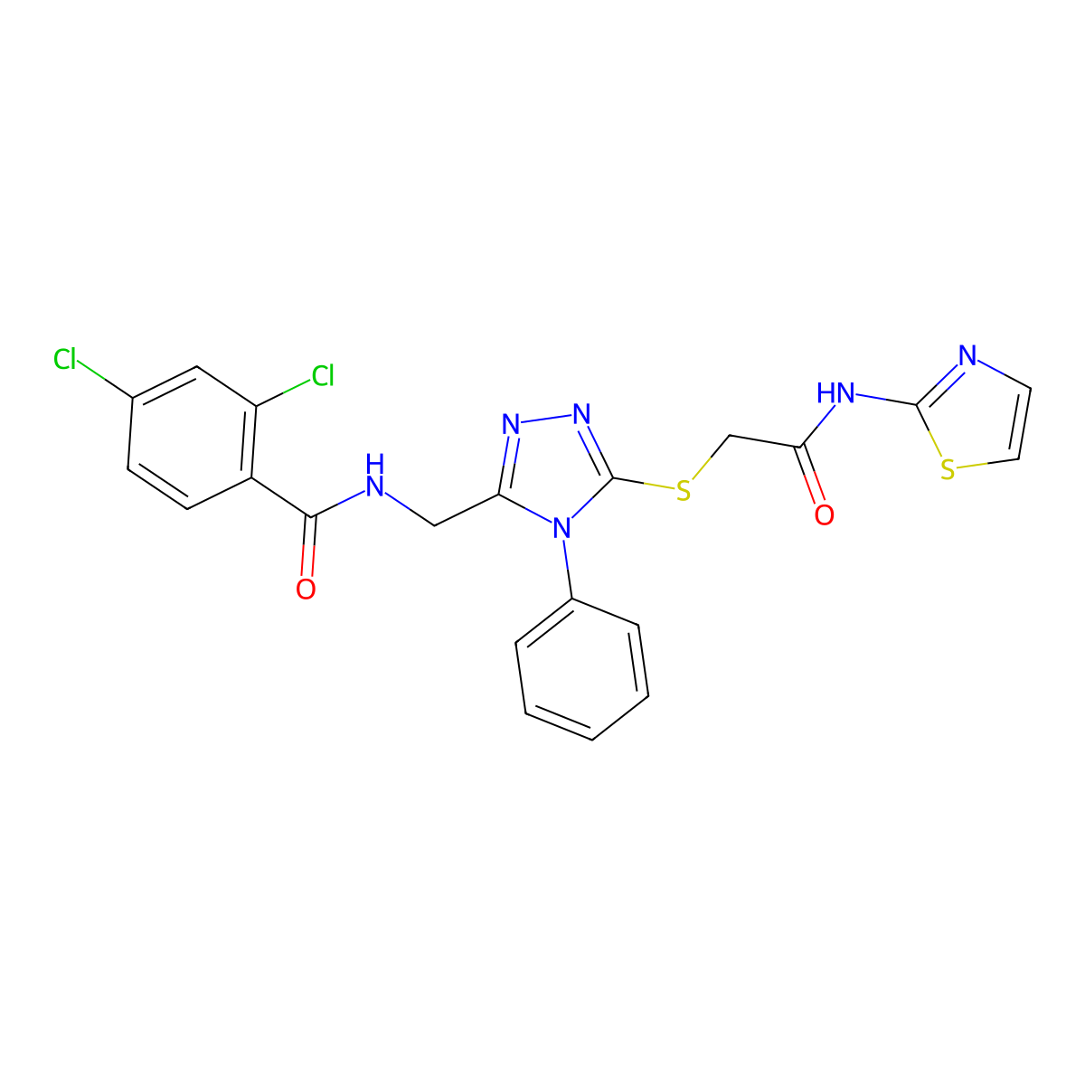 2,4-dichloro-N-((5-((2-oxo-2-(thiazol-2-ylamino)ethyl)thio)-4-phenyl-4H-1,2,4-triazol-3-yl)methyl)benzamide molecular structure, CAS 393871-08-4