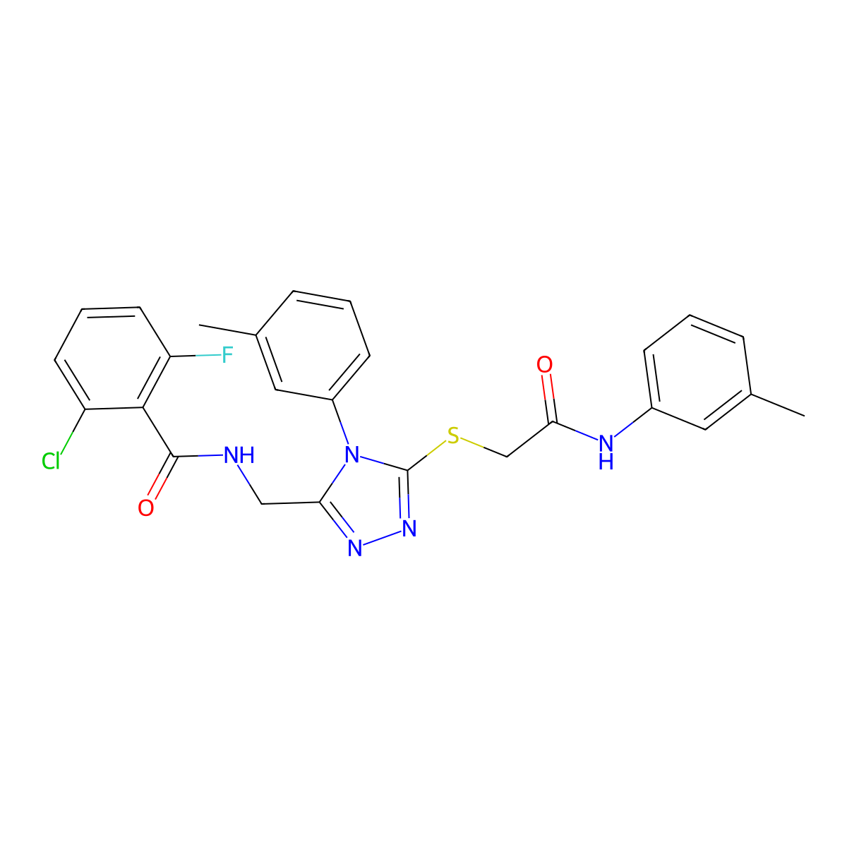 2-chloro-6-fluoro-N-((5-((2-oxo-2-(m-tolylamino)ethyl)thio)-4-(m-tolyl)-4H-1,2,4-triazol-3-yl)methyl)benzamide molecular structure, CAS 393871-85-7